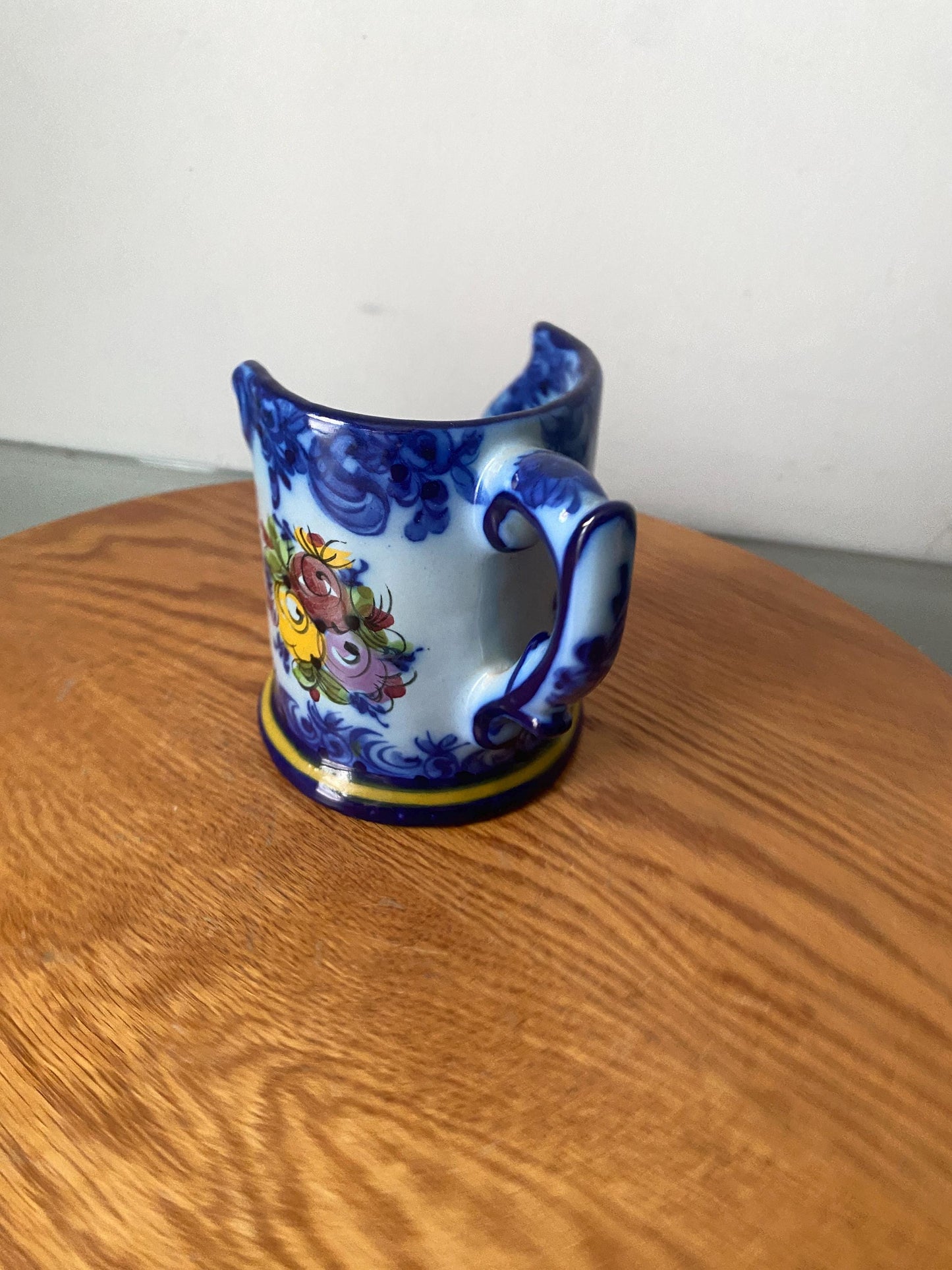 Vintage Handpainted Blue Ceramic Candle Holder with Handle Made in Portugal