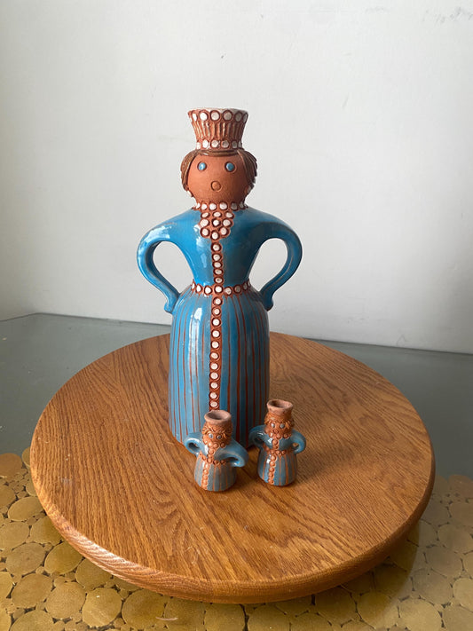 Handmade Vintage Lady Pottery Decanter with 2 Small Cups