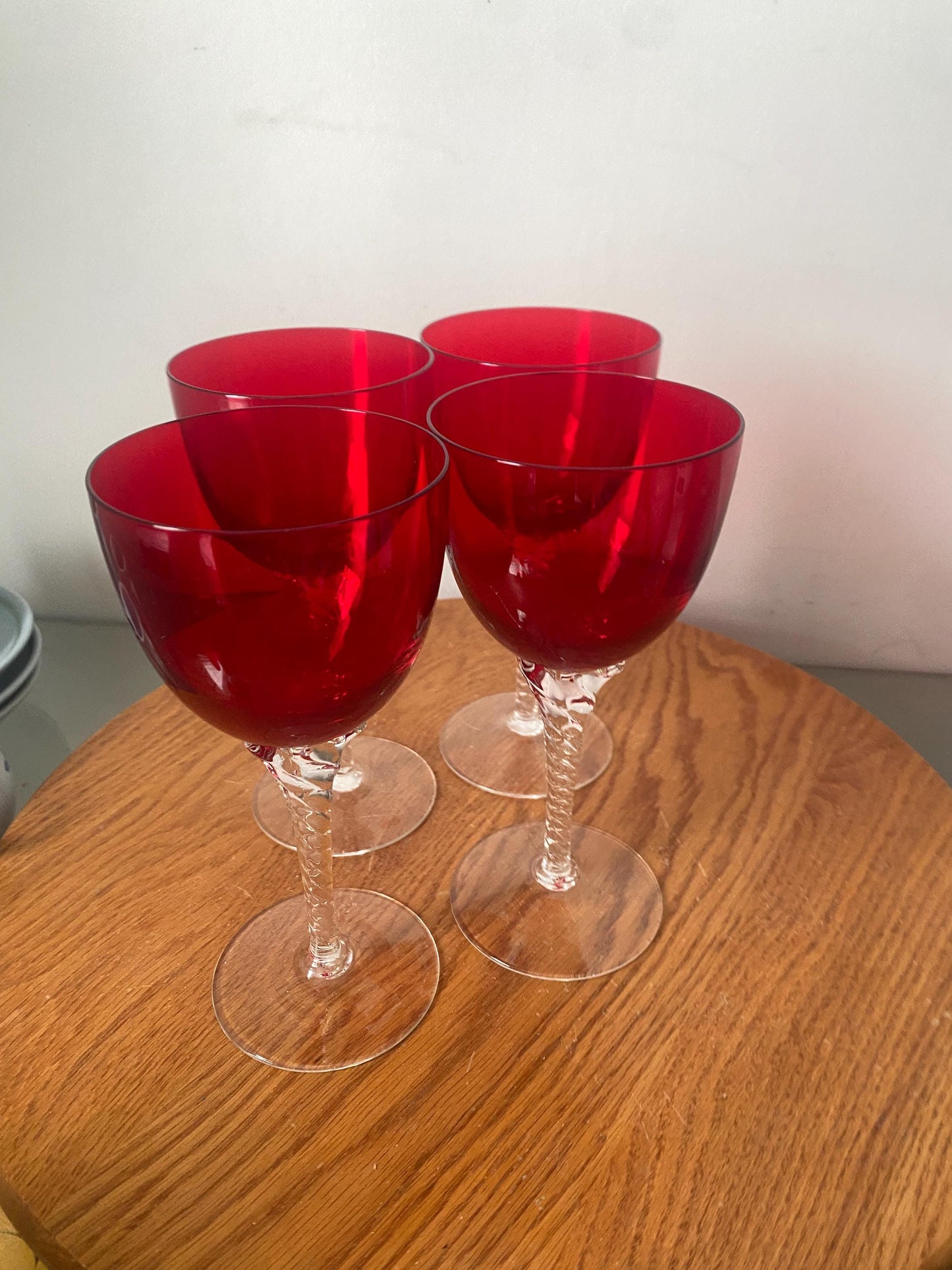 Set of 4 Vintage Ruby Red Bowl Wine Glasses with Twisted Clear Stem