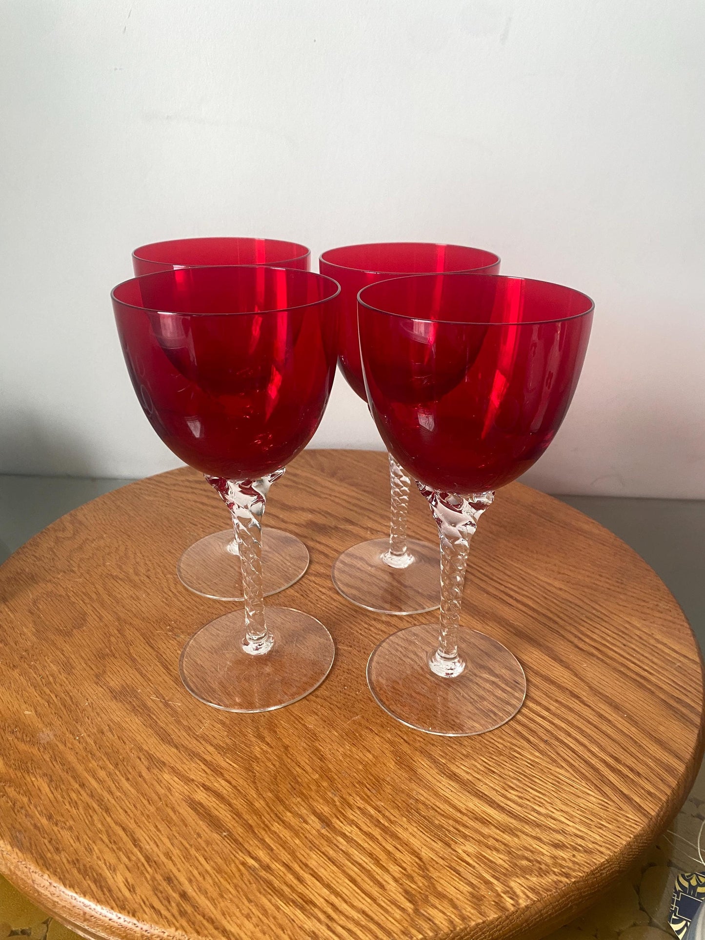 Set of 4 Vintage Ruby Red Bowl Wine Glasses with Twisted Clear Stem