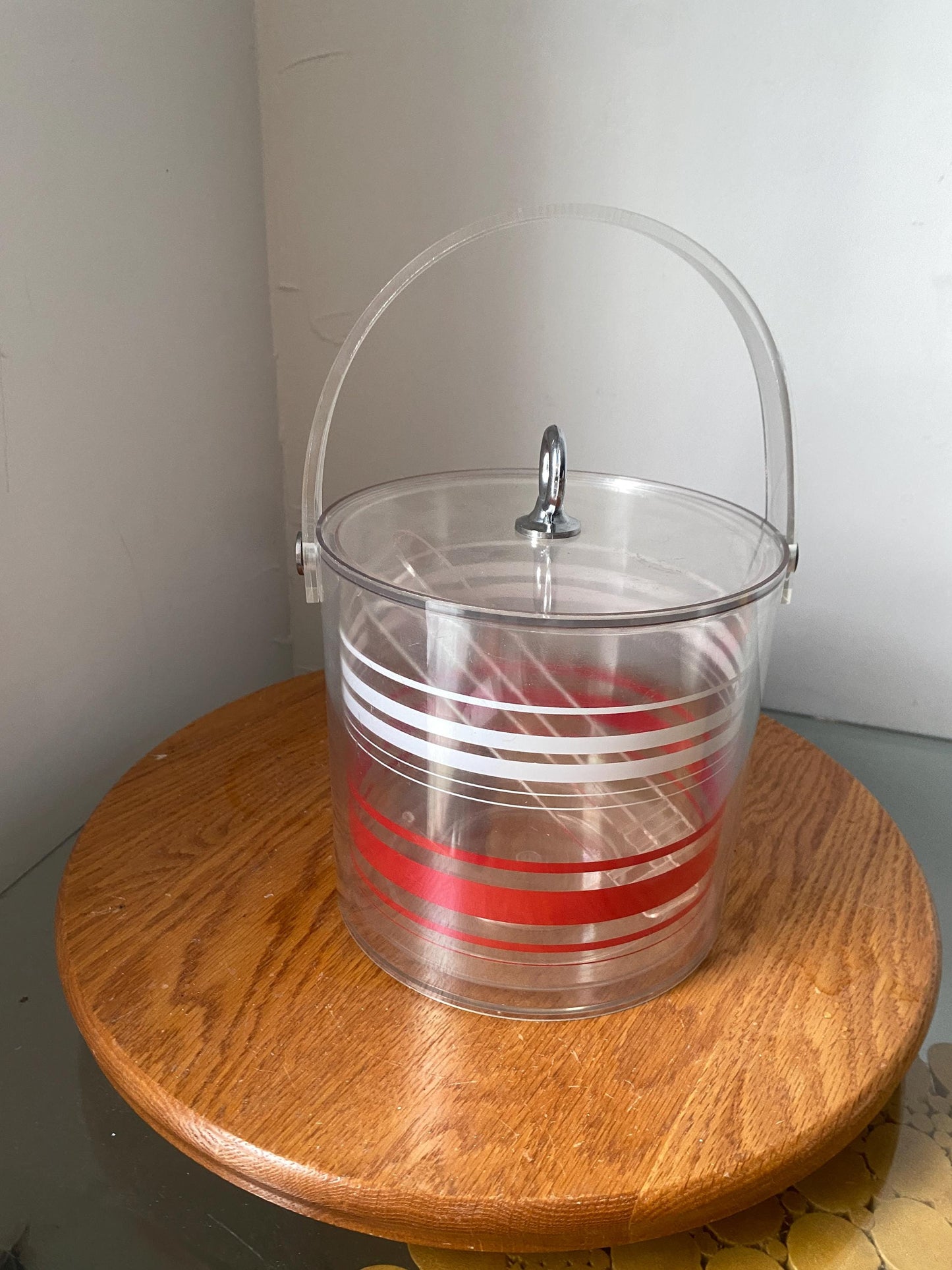 Retro Clear Acrylic Clear White & Red Striped Ice Bucket with Tongs