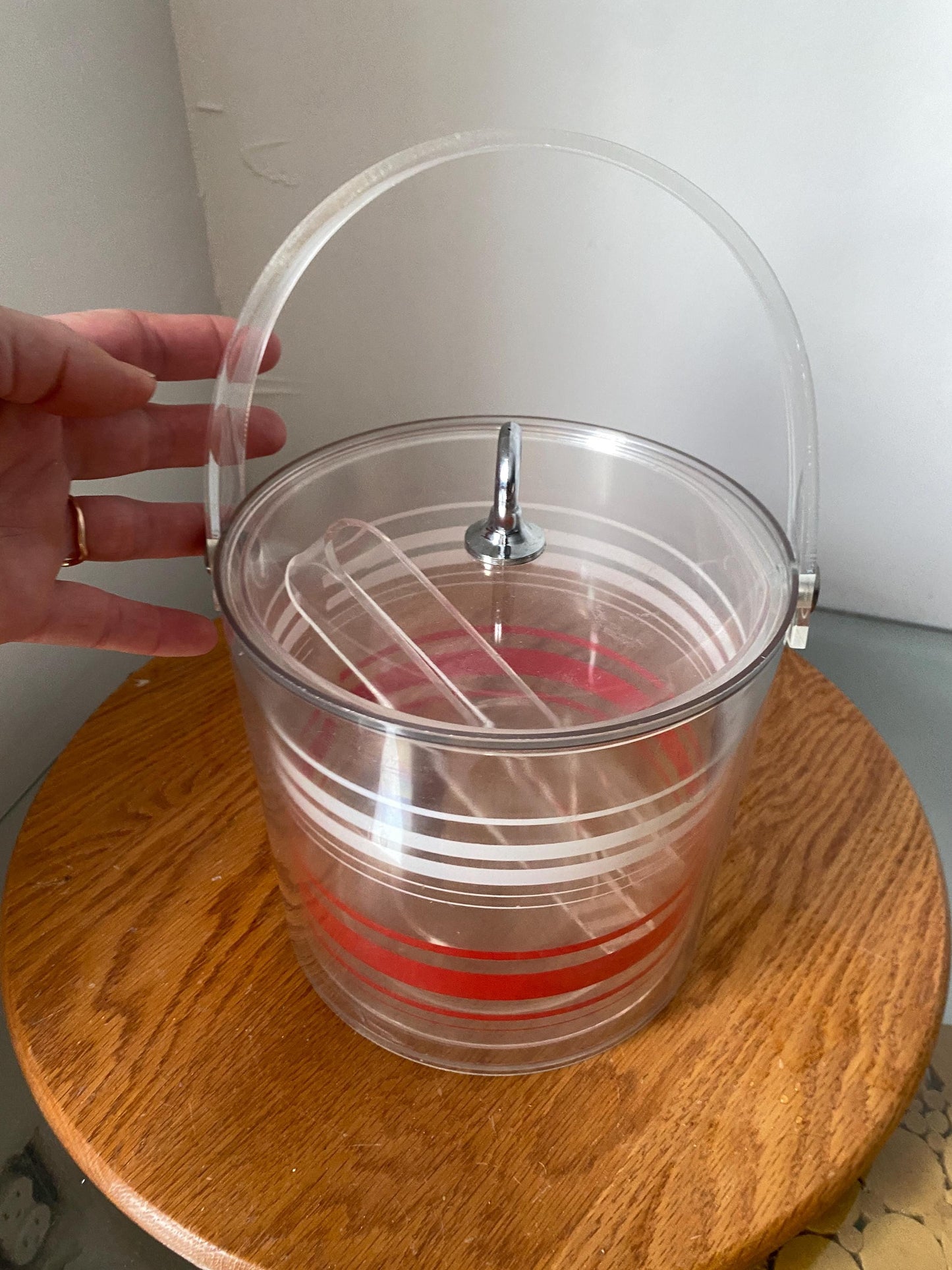Retro Clear Acrylic Clear White & Red Striped Ice Bucket with Tongs