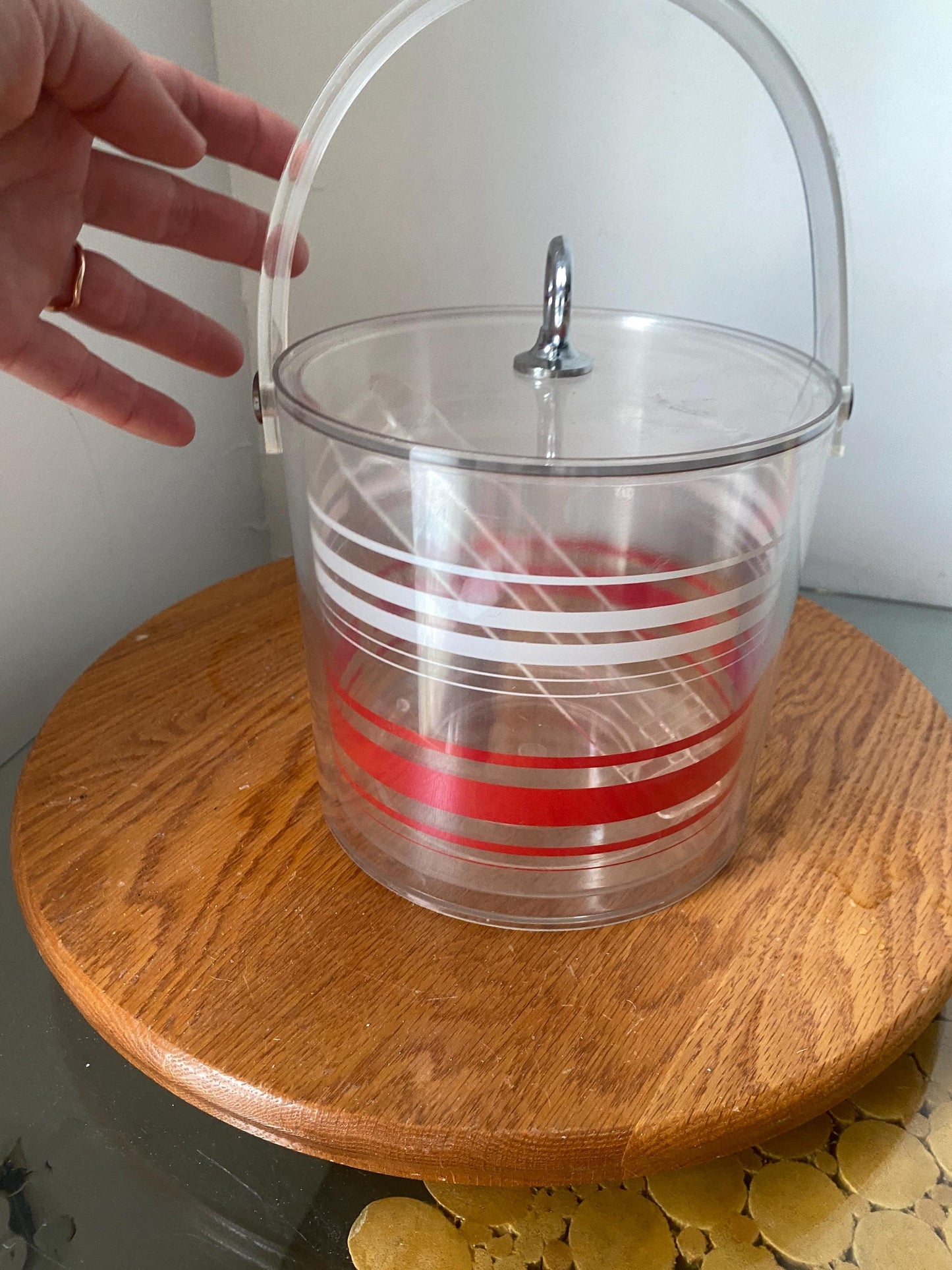 Retro Clear Acrylic Clear White & Red Striped Ice Bucket with Tongs