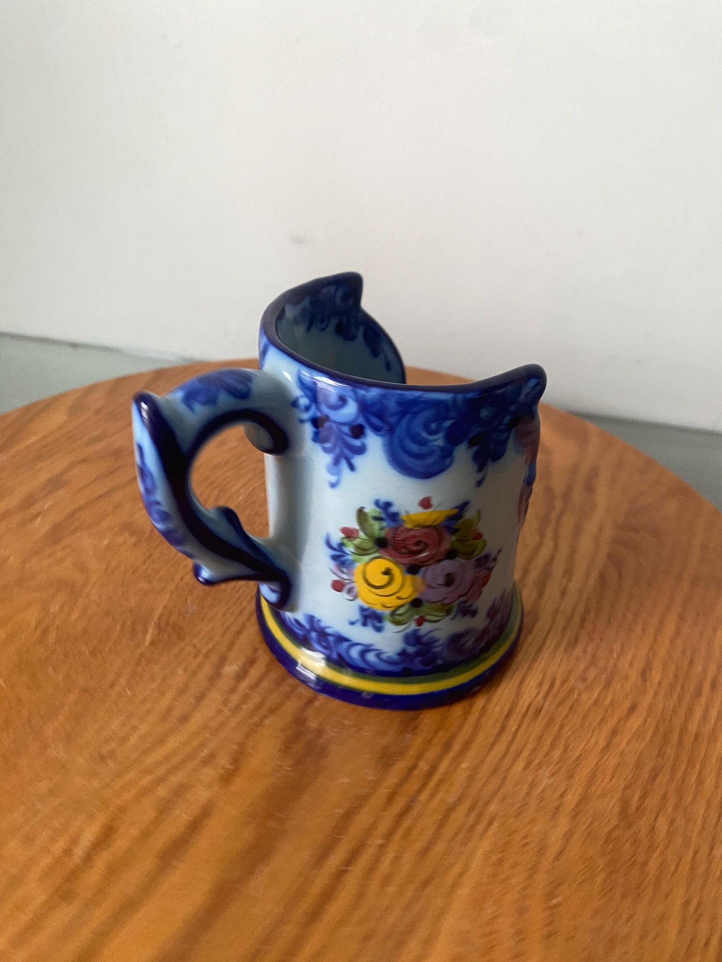 Vintage Handpainted Blue Ceramic Candle Holder with Handle Made in Portugal