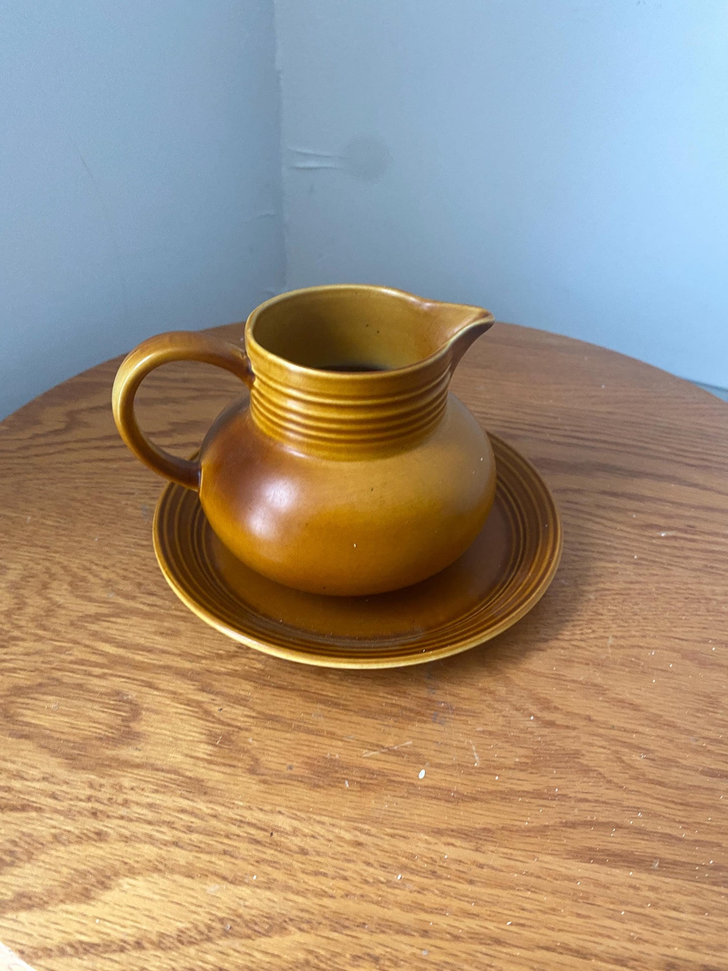 Vintage Myott MustardCeramic Coffee Creamer Pitcher England 522 Art Deco Stoneware with Plate