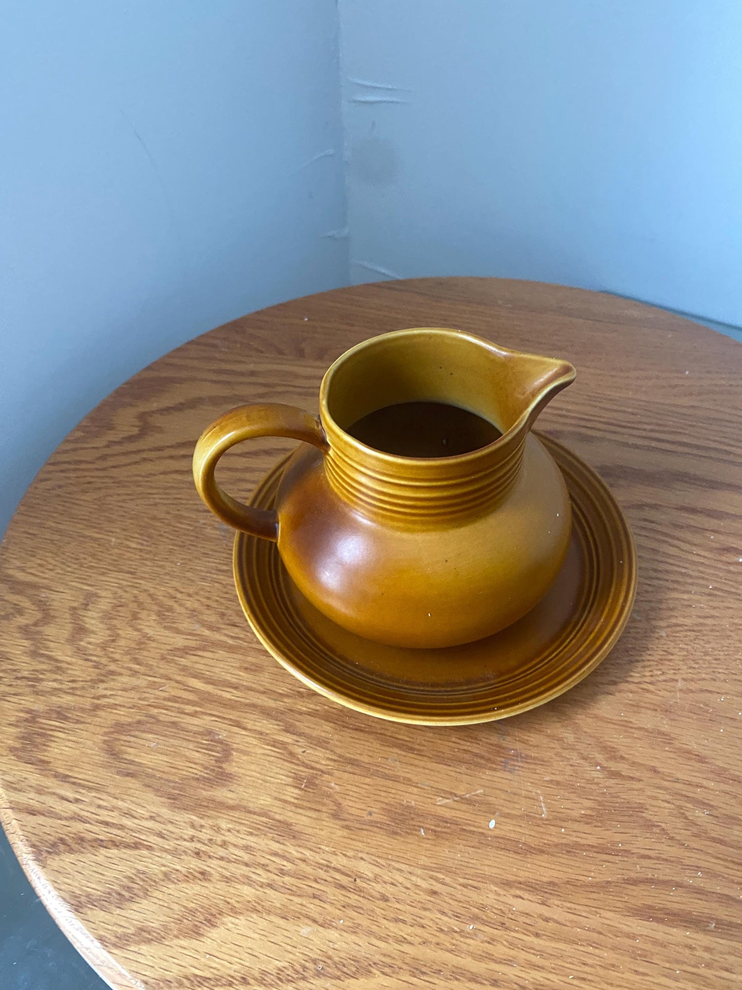 Vintage Myott MustardCeramic Coffee Creamer Pitcher England 522 Art Deco Stoneware with Plate