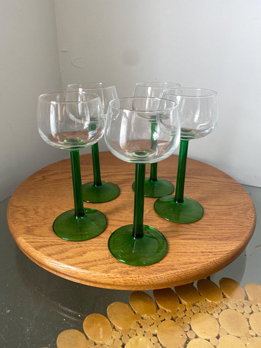 Vintage Set of 5 Luminarc Green Stem Wine Glasses Made in France