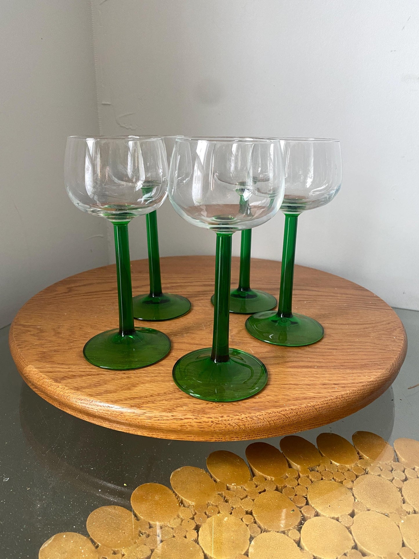 Vintage Set of 5 Luminarc Green Stem Wine Glasses Made in France