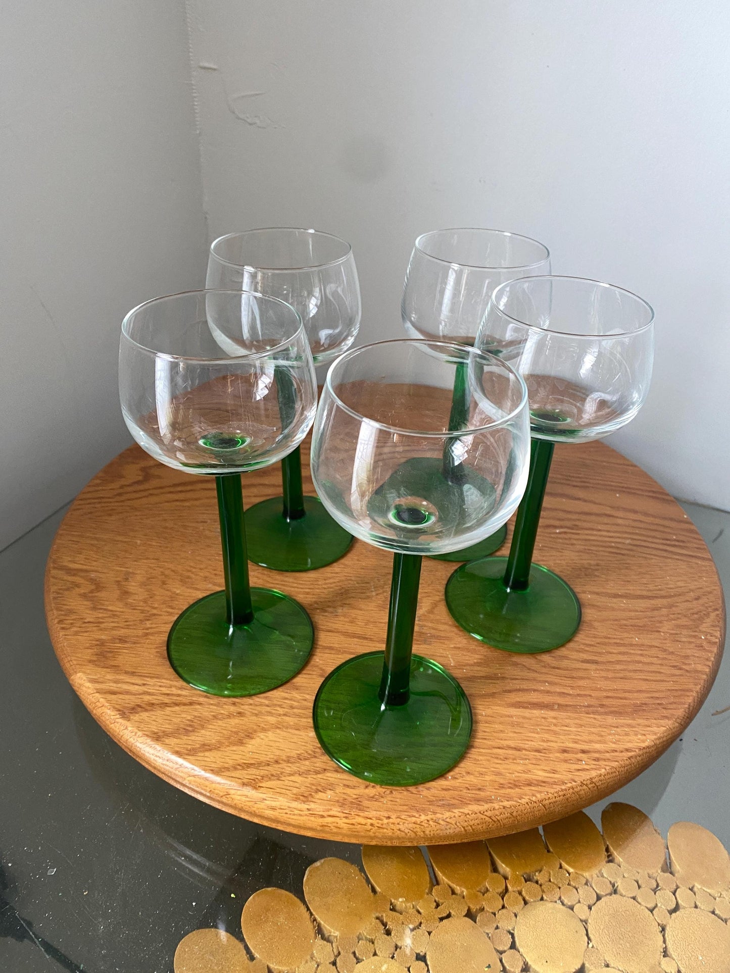 Vintage Set of 5 Luminarc Green Stem Wine Glasses Made in France