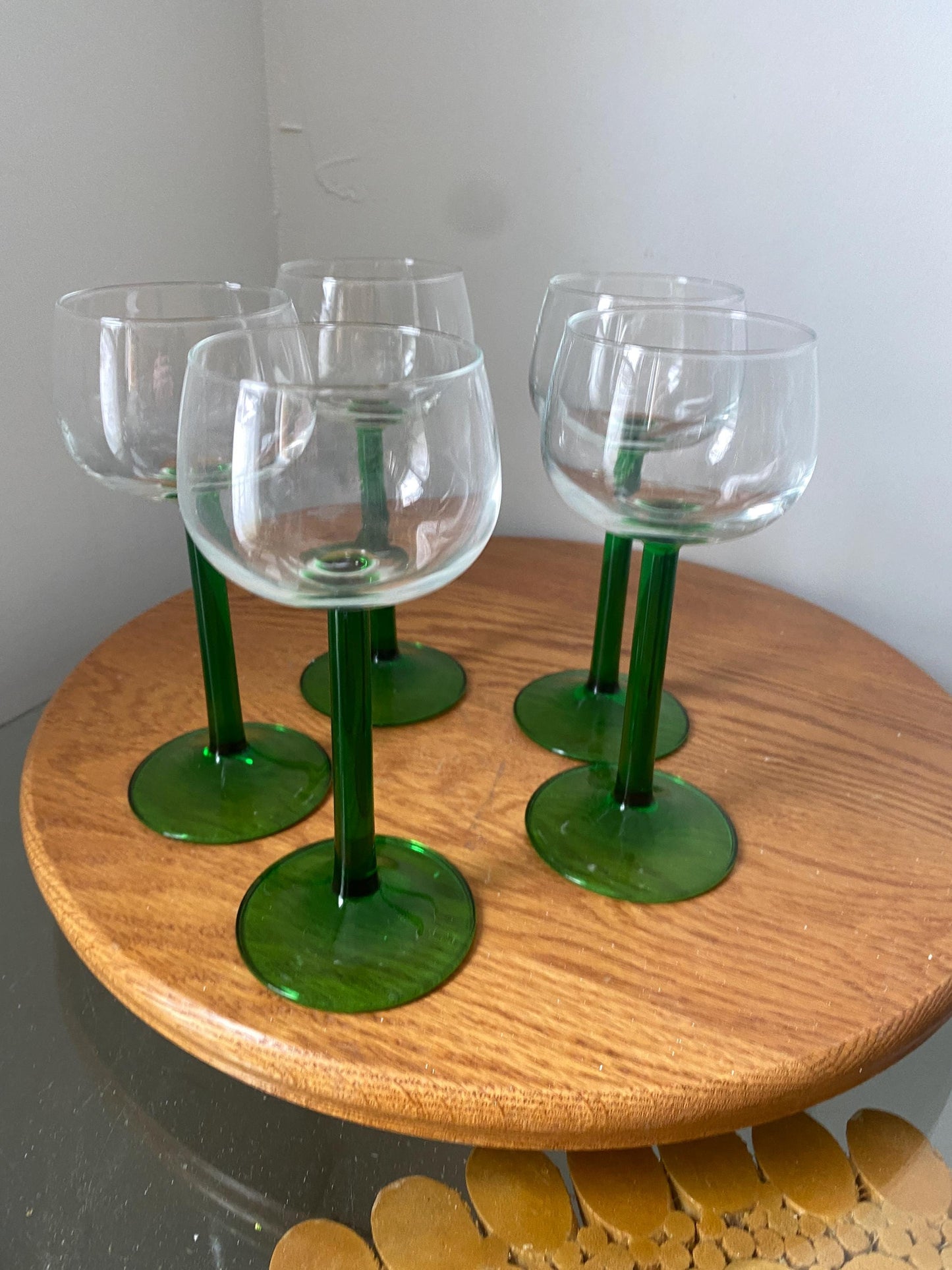 Vintage Set of 5 Luminarc Green Stem Wine Glasses Made in France