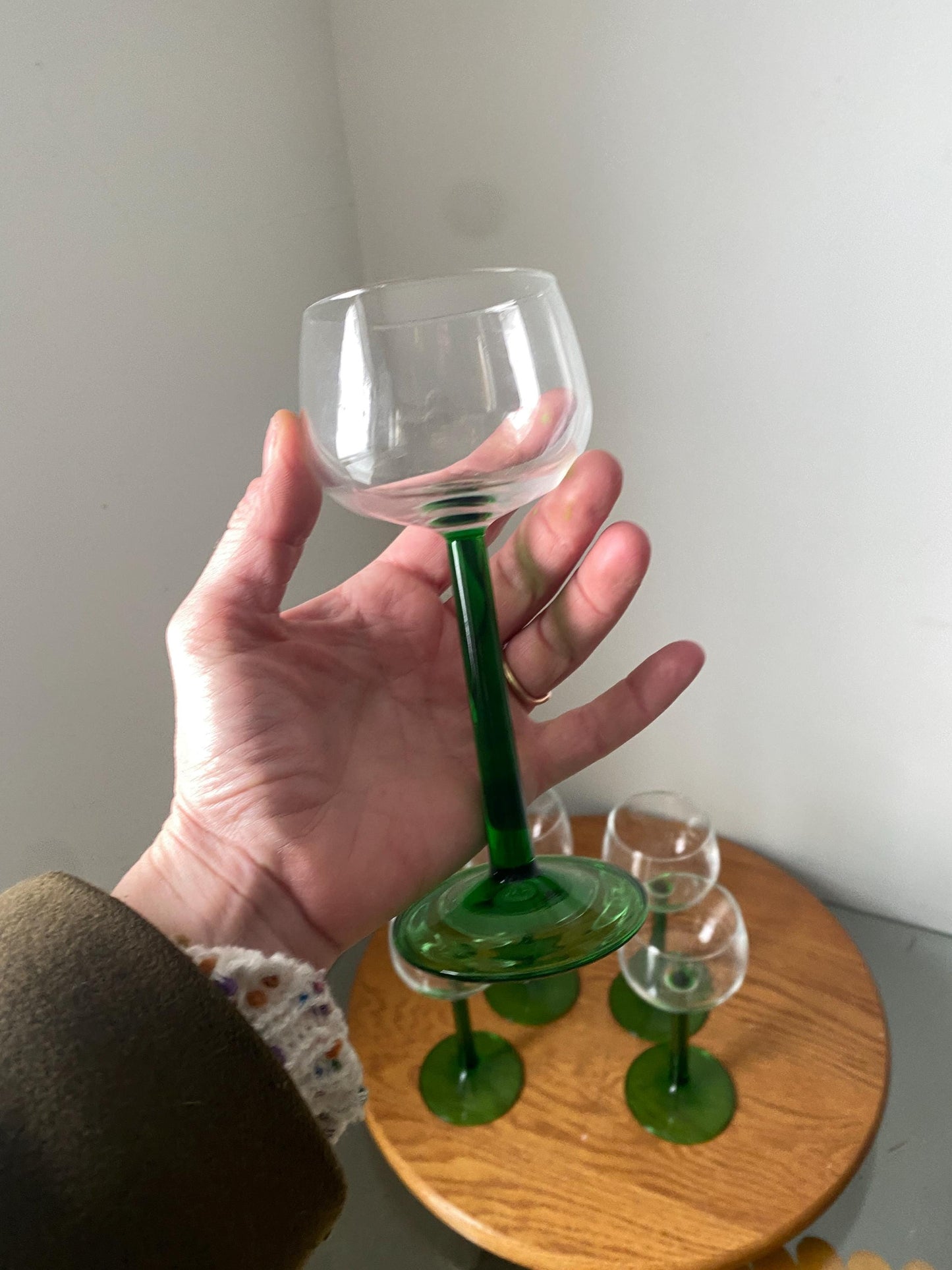 Vintage Set of 5 Luminarc Green Stem Wine Glasses Made in France