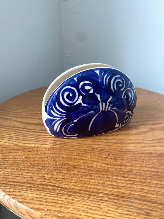 Retro Blue and White Speckled Otagiri Ceramic Napkin Holder