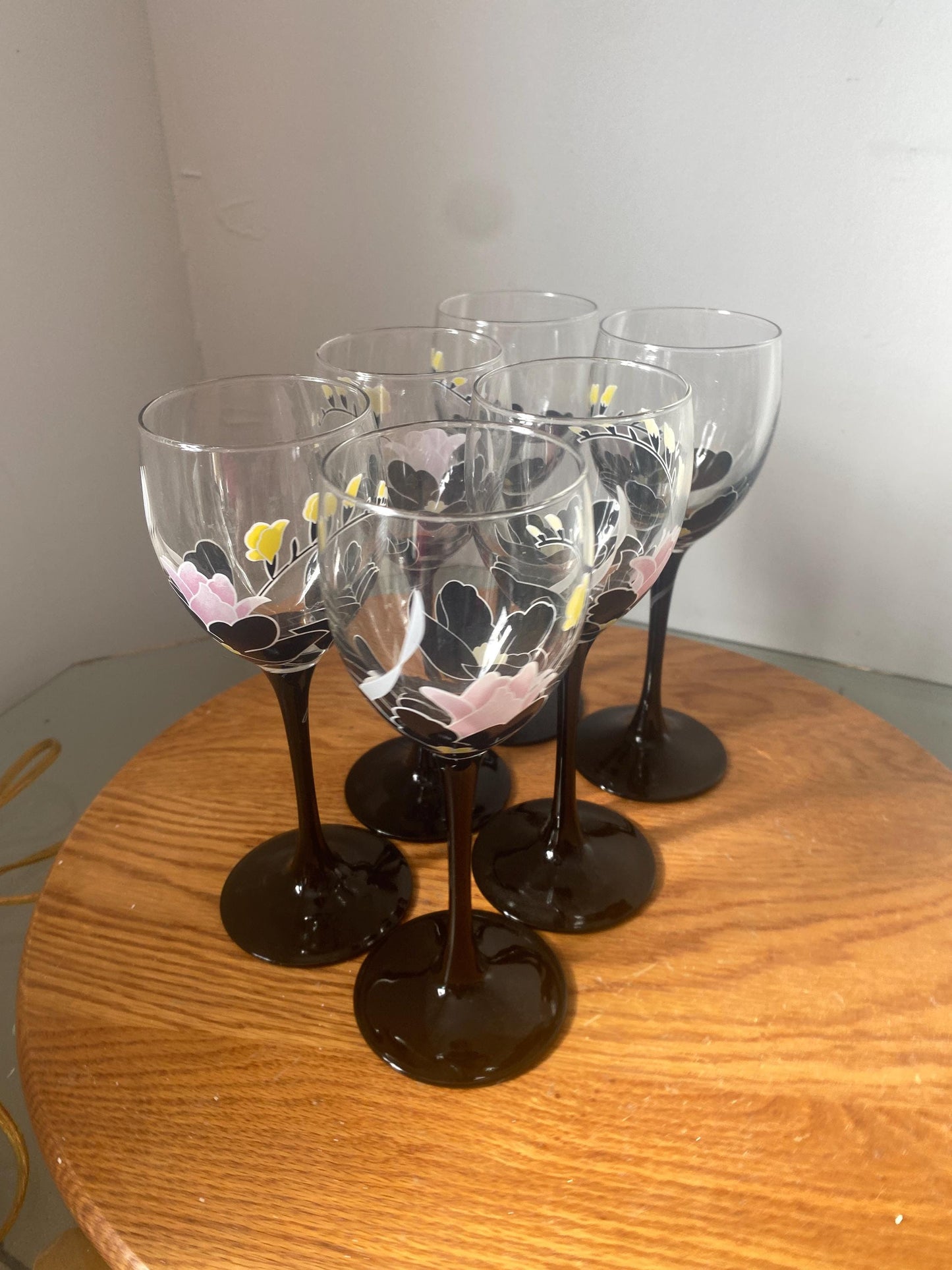 Set of 6 Retro 1980s Floral Luminarc Wine Glasses w/ Black Stems & Black, Yellow, Pink Flowers