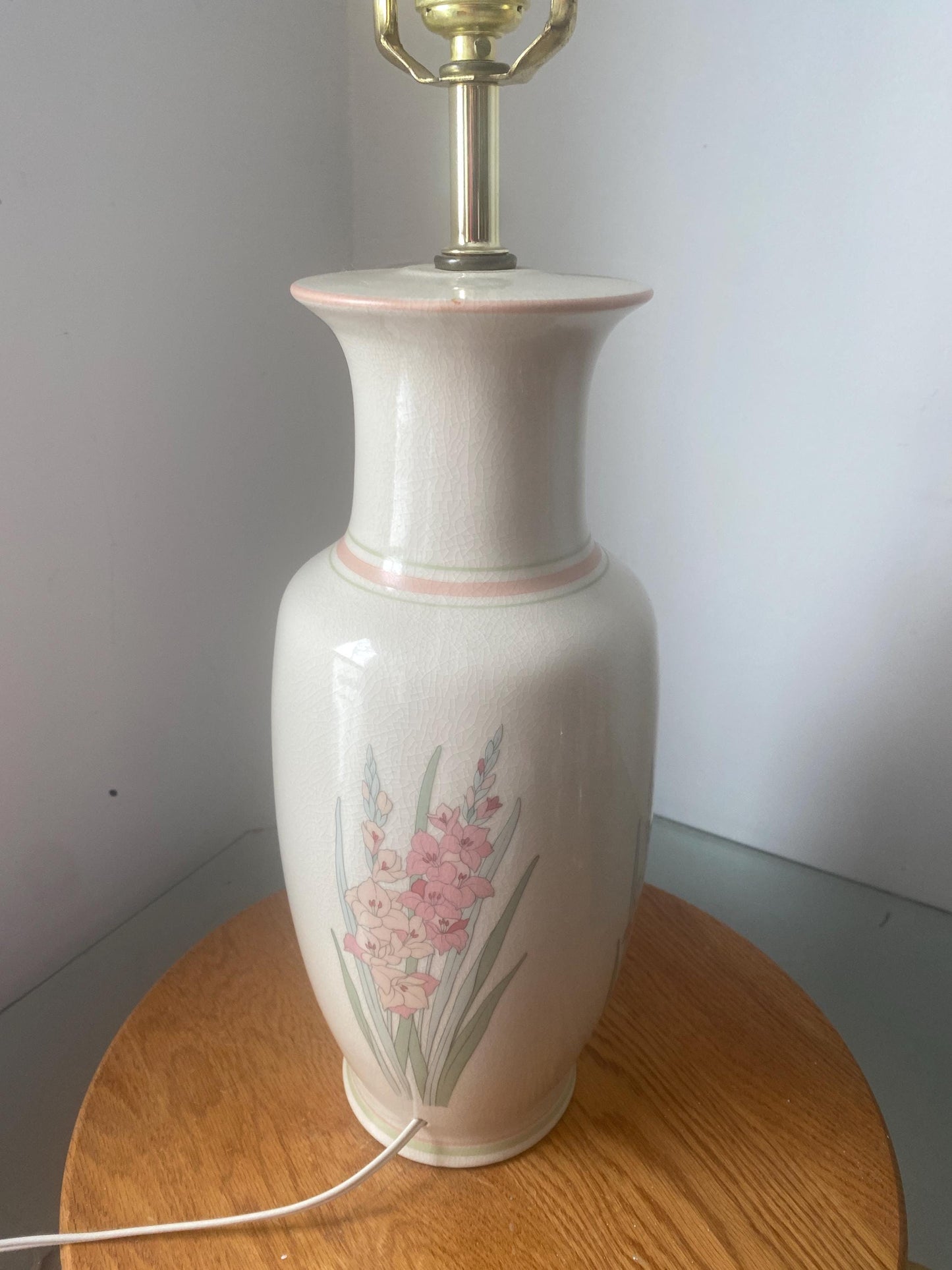 Retro Tall Pastel Pink Gladiola Ceramic Lamp No Shade