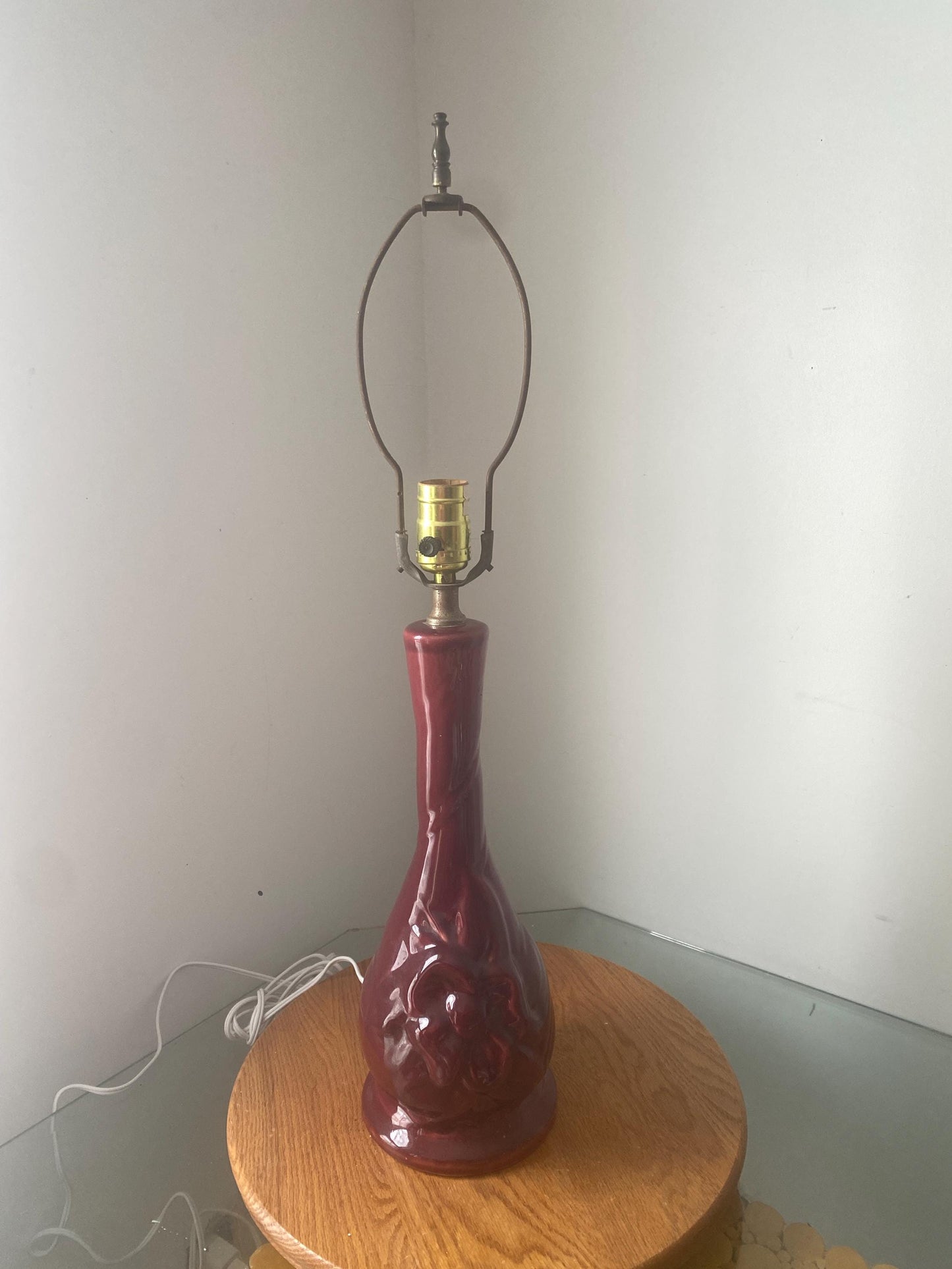 Antique Medium Ceramic Maroon Lamp with Raised Floral Design No Shade