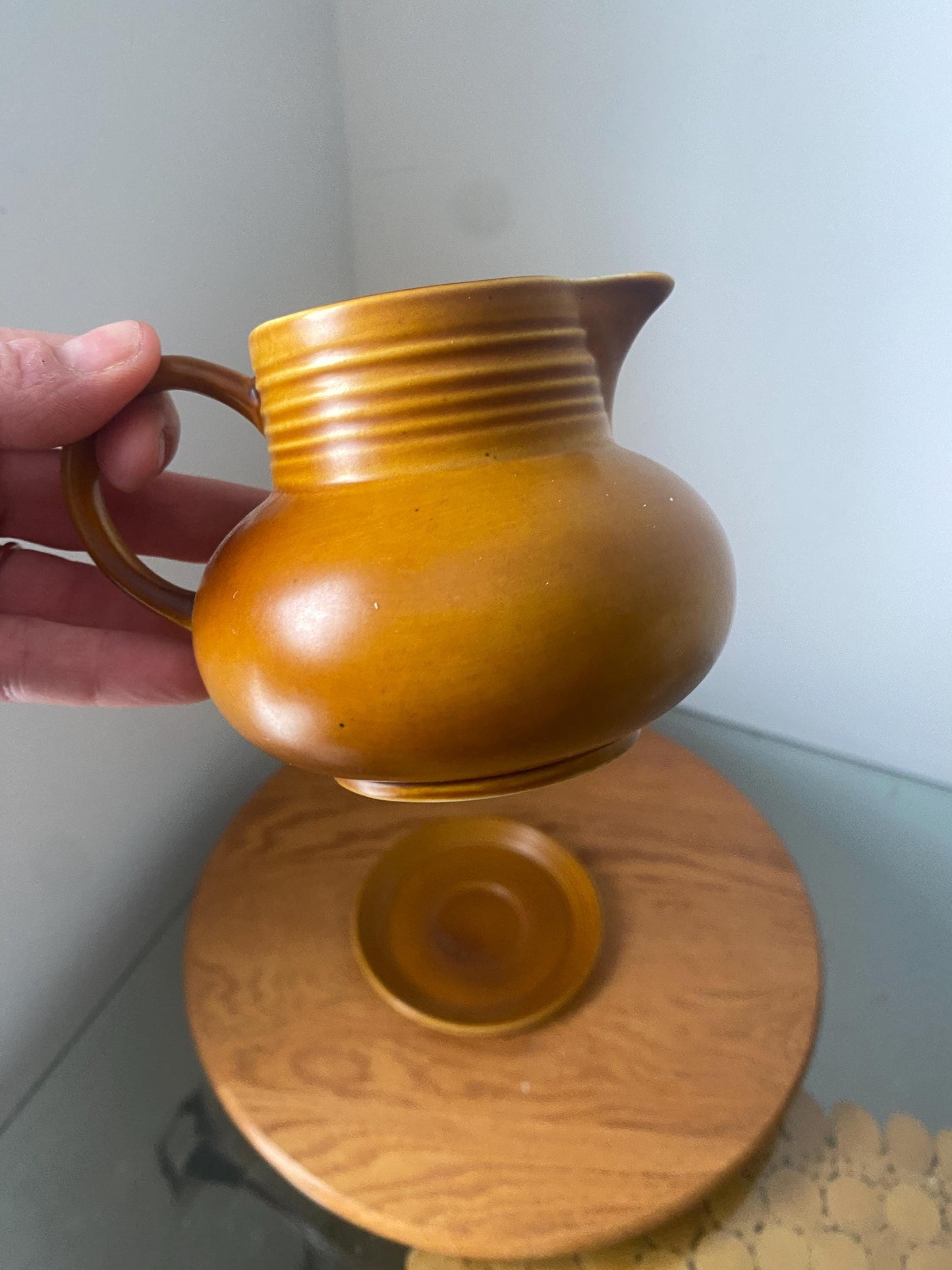 Vintage Myott MustardCeramic Coffee Creamer Pitcher England 522 Art Deco Stoneware with Plate