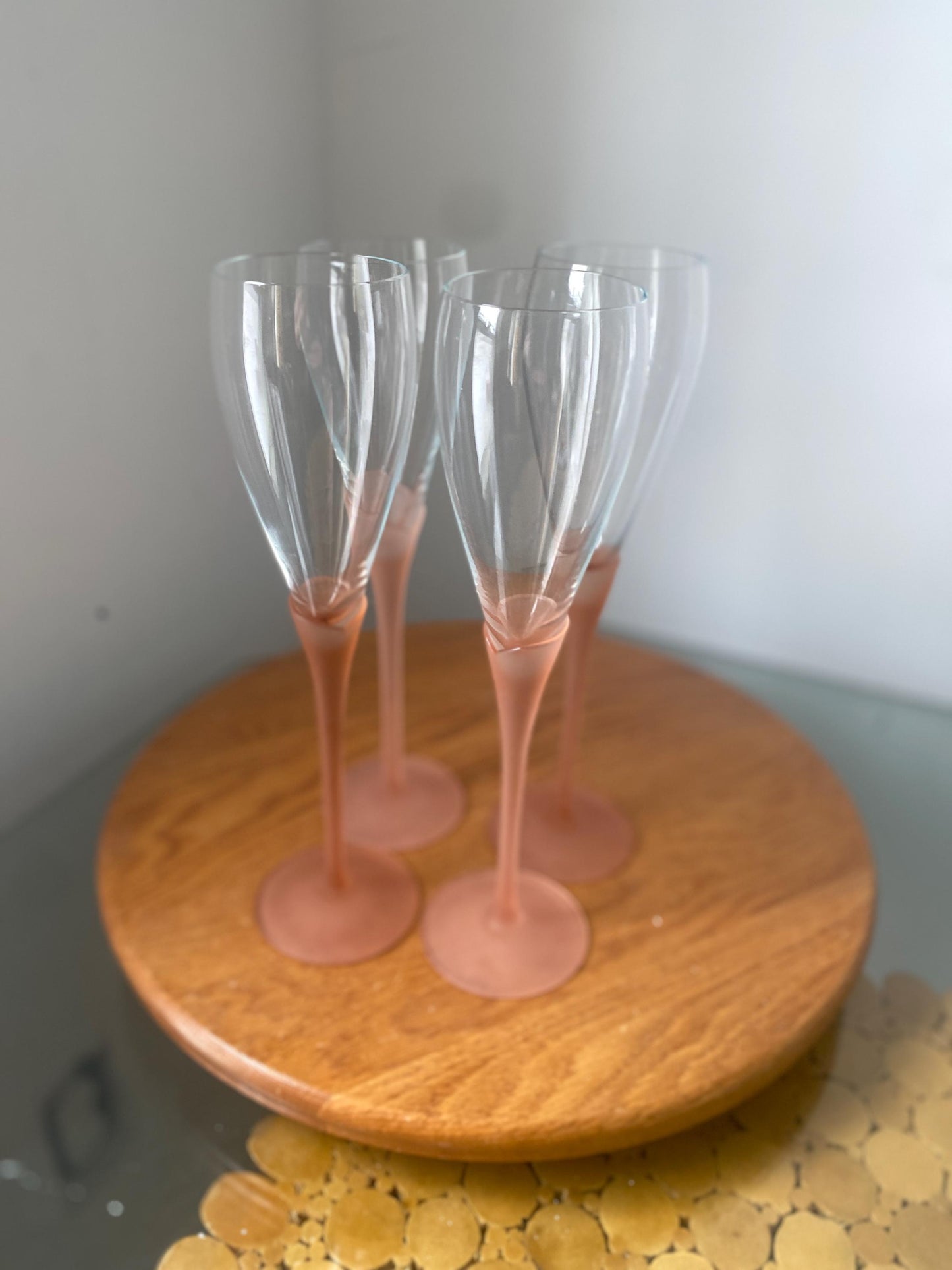 Vintage Set of 4 Tall Pink Frosted Stem Wine Glasses