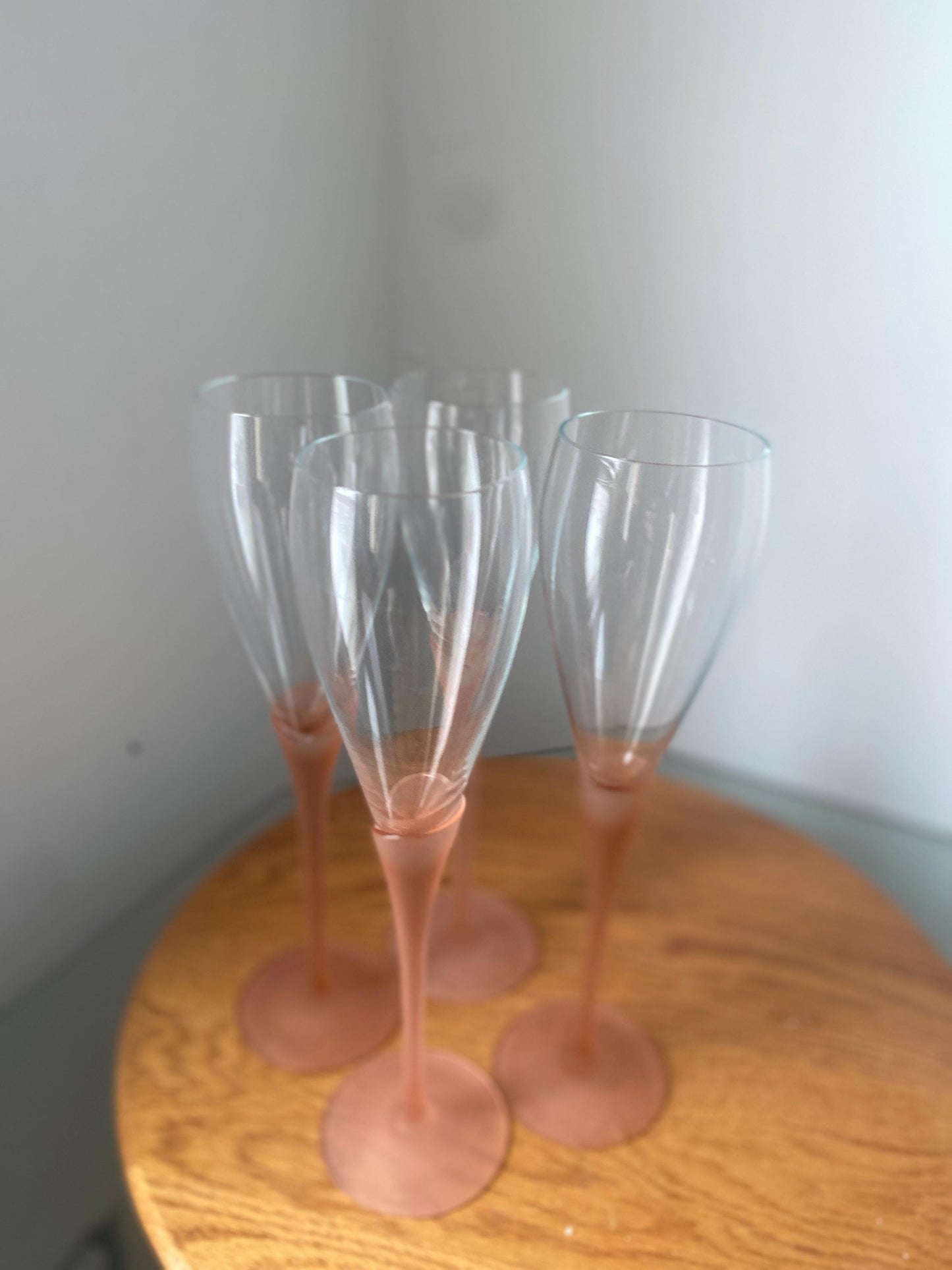 Vintage Set of 4 Tall Pink Frosted Stem Wine Glasses