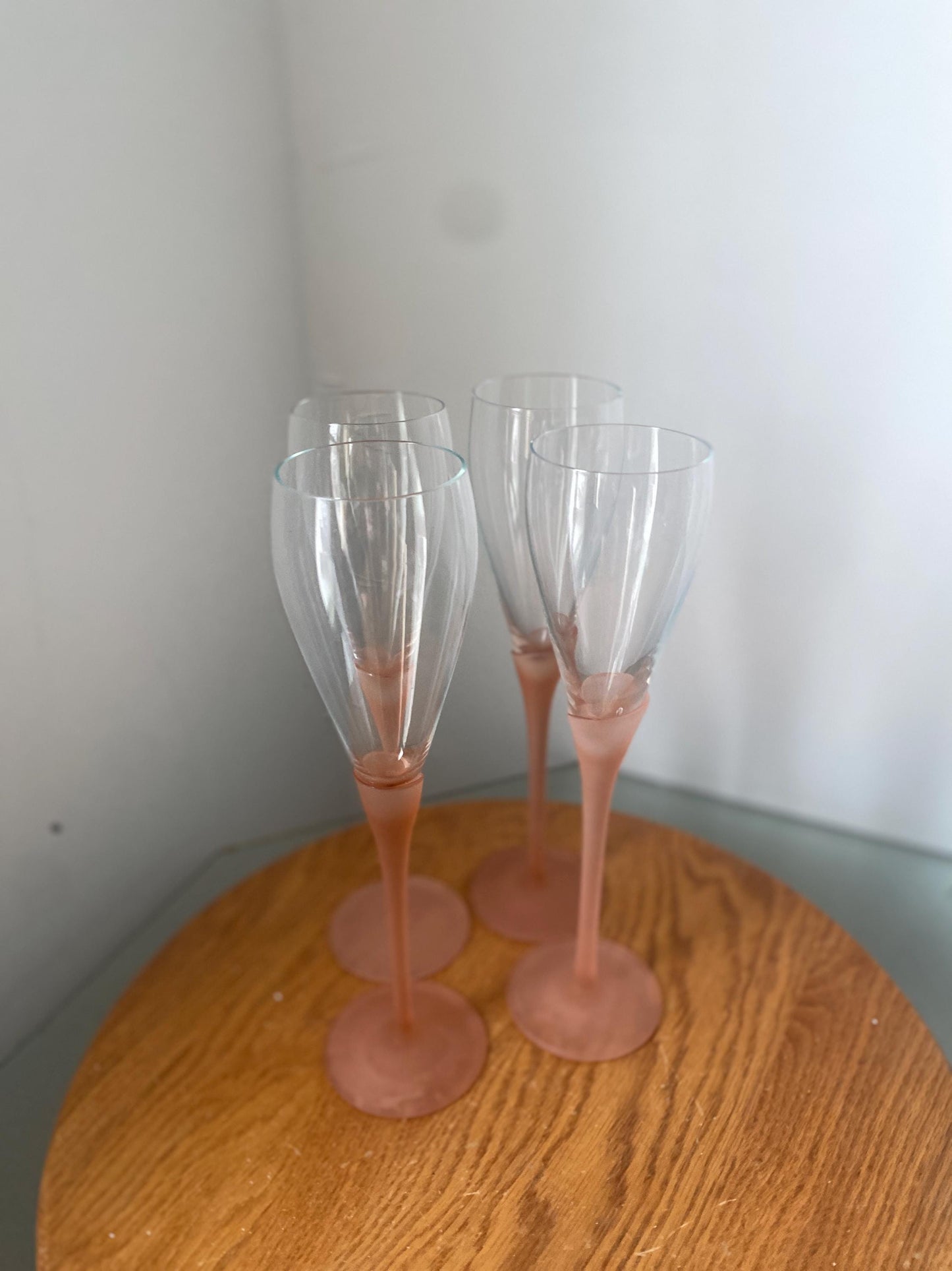 Vintage Set of 4 Tall Pink Frosted Stem Wine Glasses