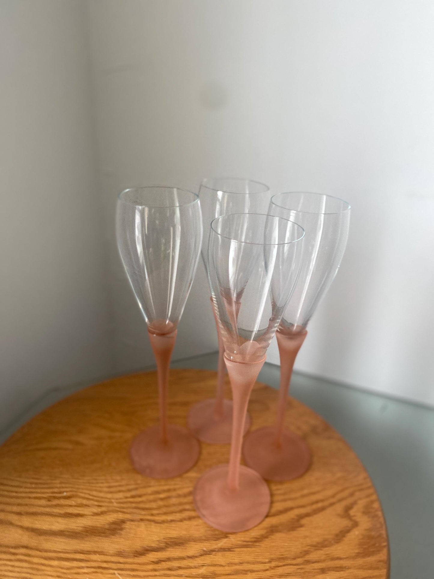 Vintage Set of 4 Tall Pink Frosted Stem Wine Glasses