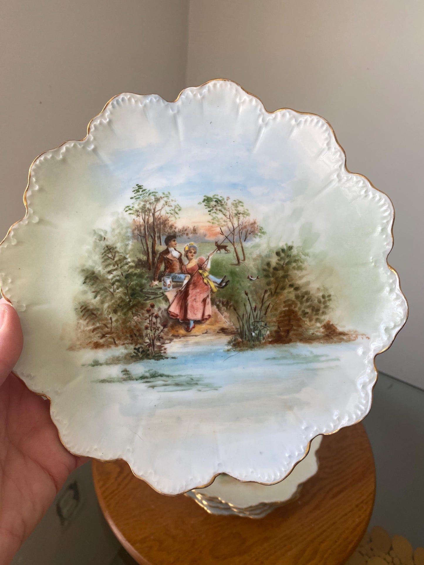 Set of 5 Antique R.C. Malmaison Bavaria Hand-Painted Porcelain Plates with Gilded Scalloped Rims