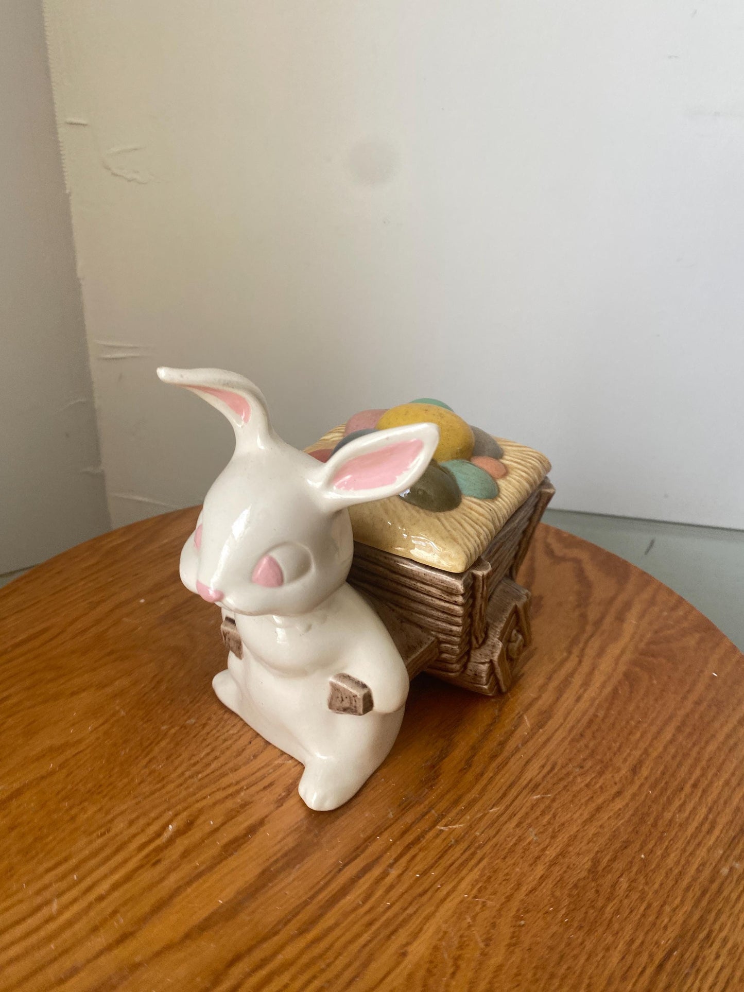 Vintage Ceramic White Bunny Pulling a Lidded Wagon