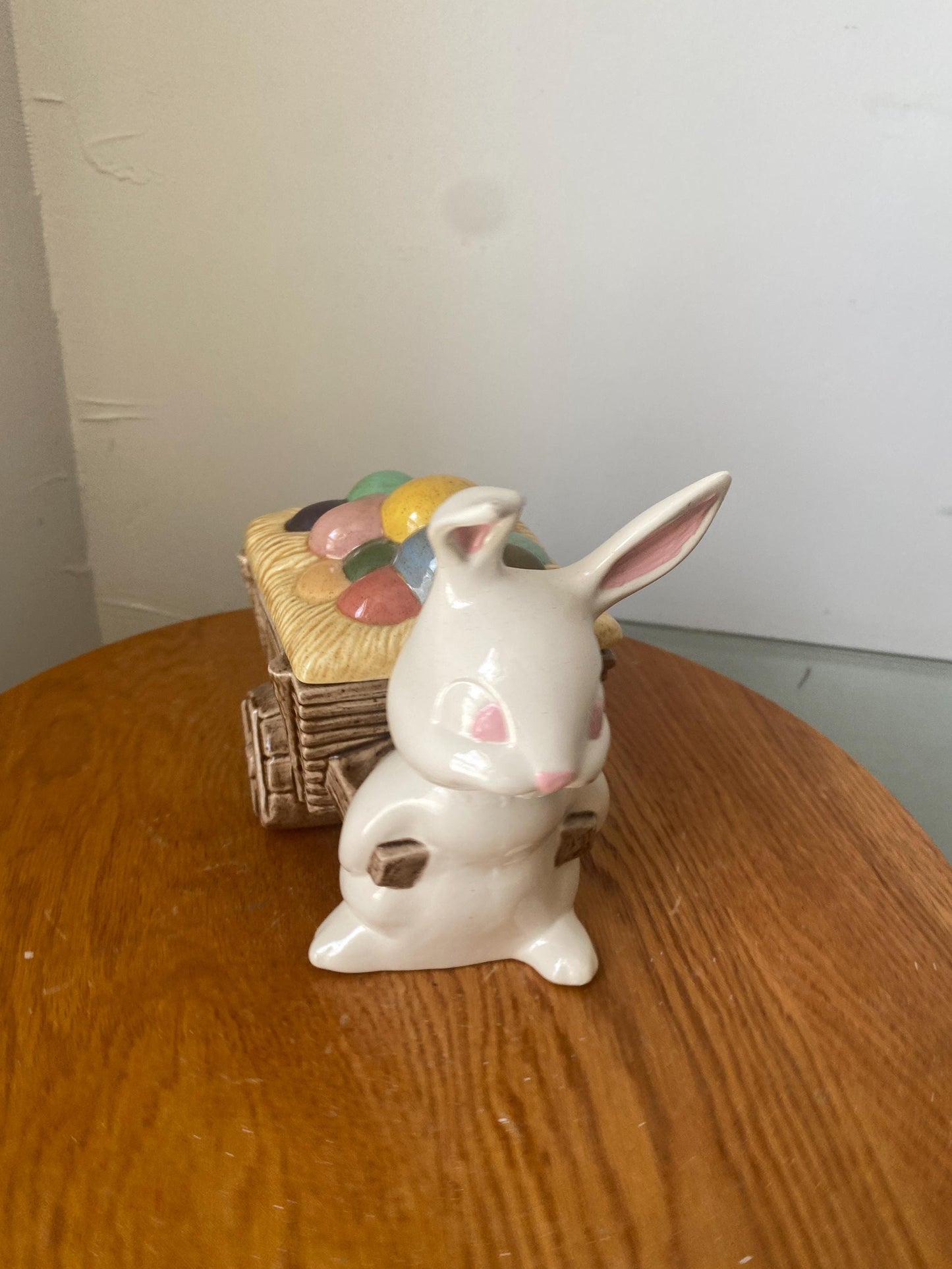 Vintage Ceramic White Bunny Pulling a Lidded Wagon