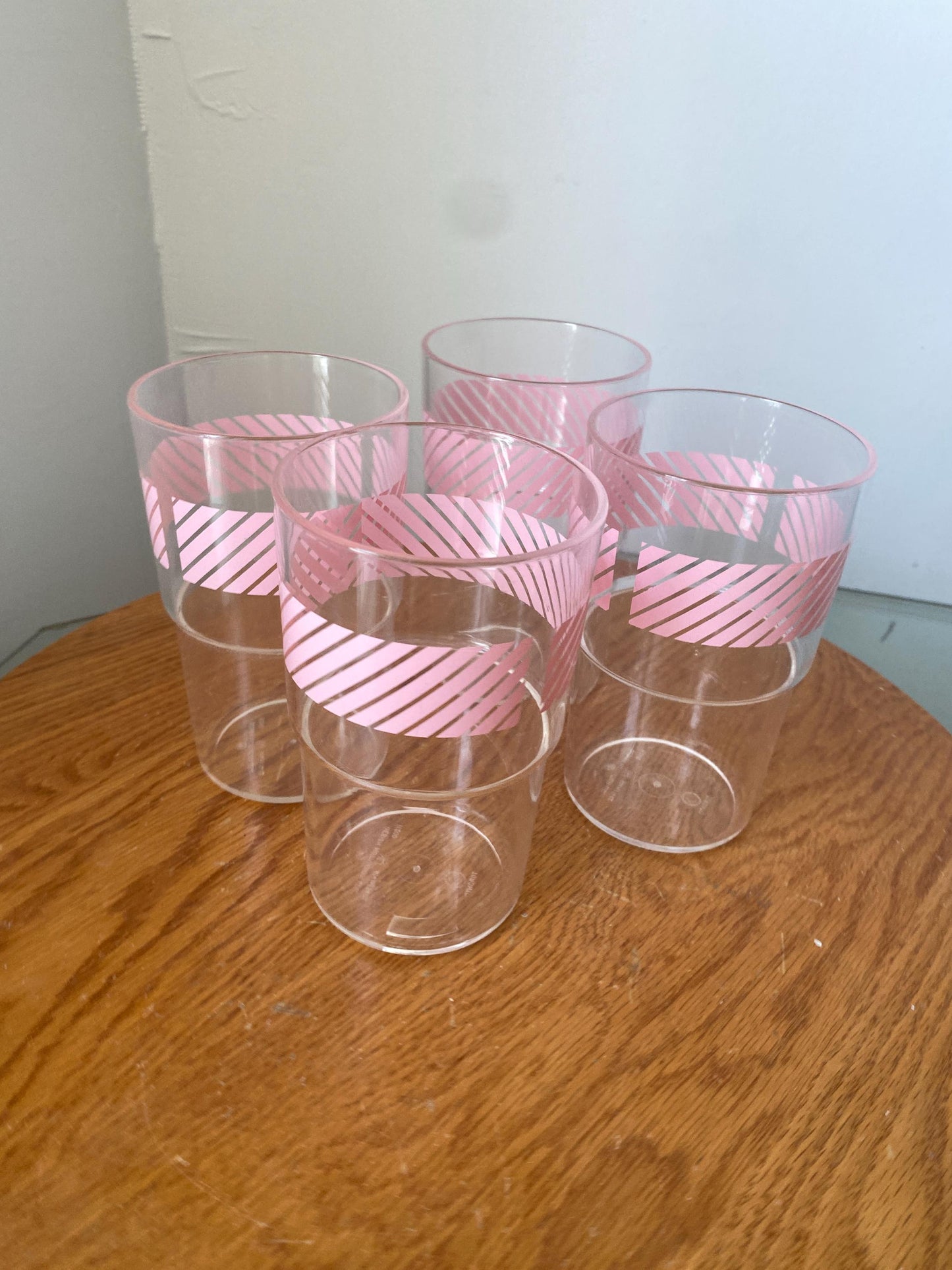 Retro Set of 4 Medium Clear and Pink Stripe Plastic Tumblers Made in Toronto