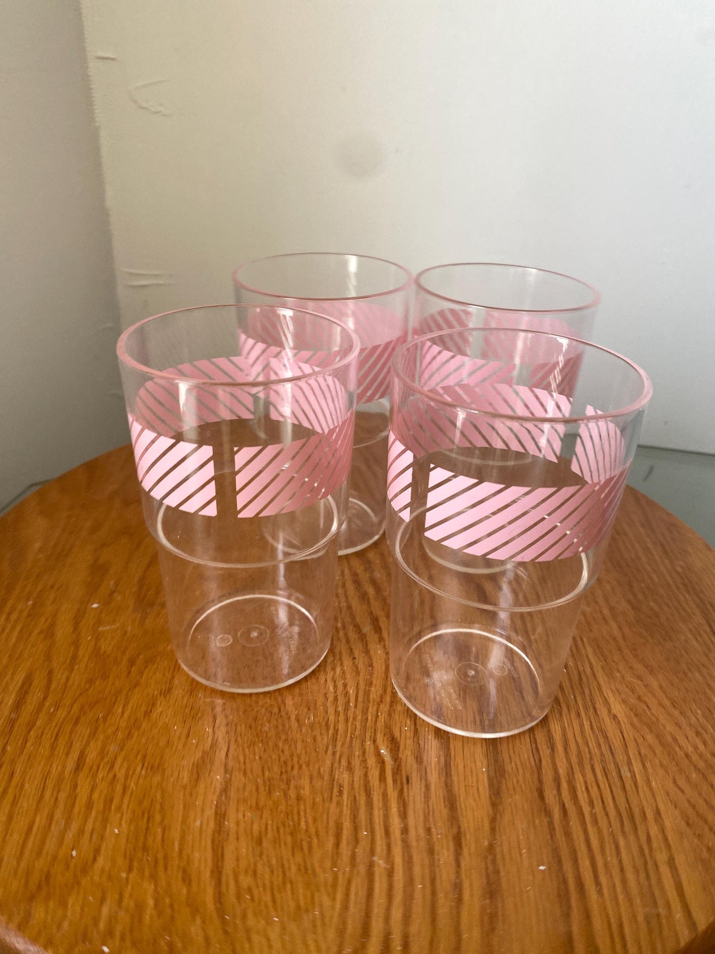 Retro Set of 4 Medium Clear and Pink Stripe Plastic Tumblers Made in Toronto