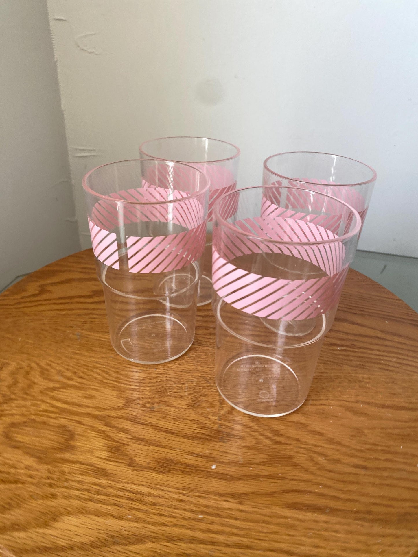 Retro Set of 4 Medium Clear and Pink Stripe Plastic Tumblers Made in Toronto