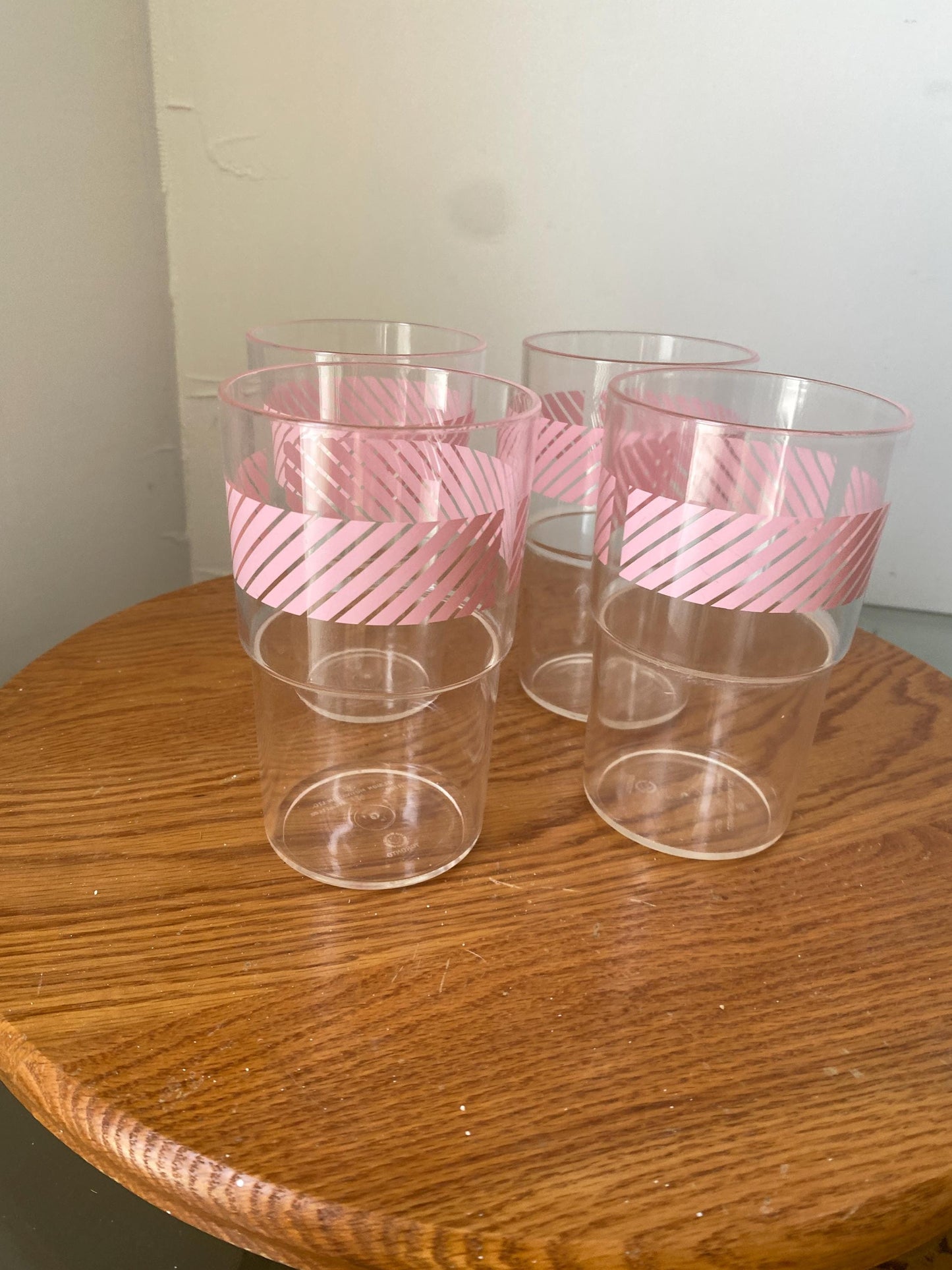 Retro Set of 4 Medium Clear and Pink Stripe Plastic Tumblers Made in Toronto