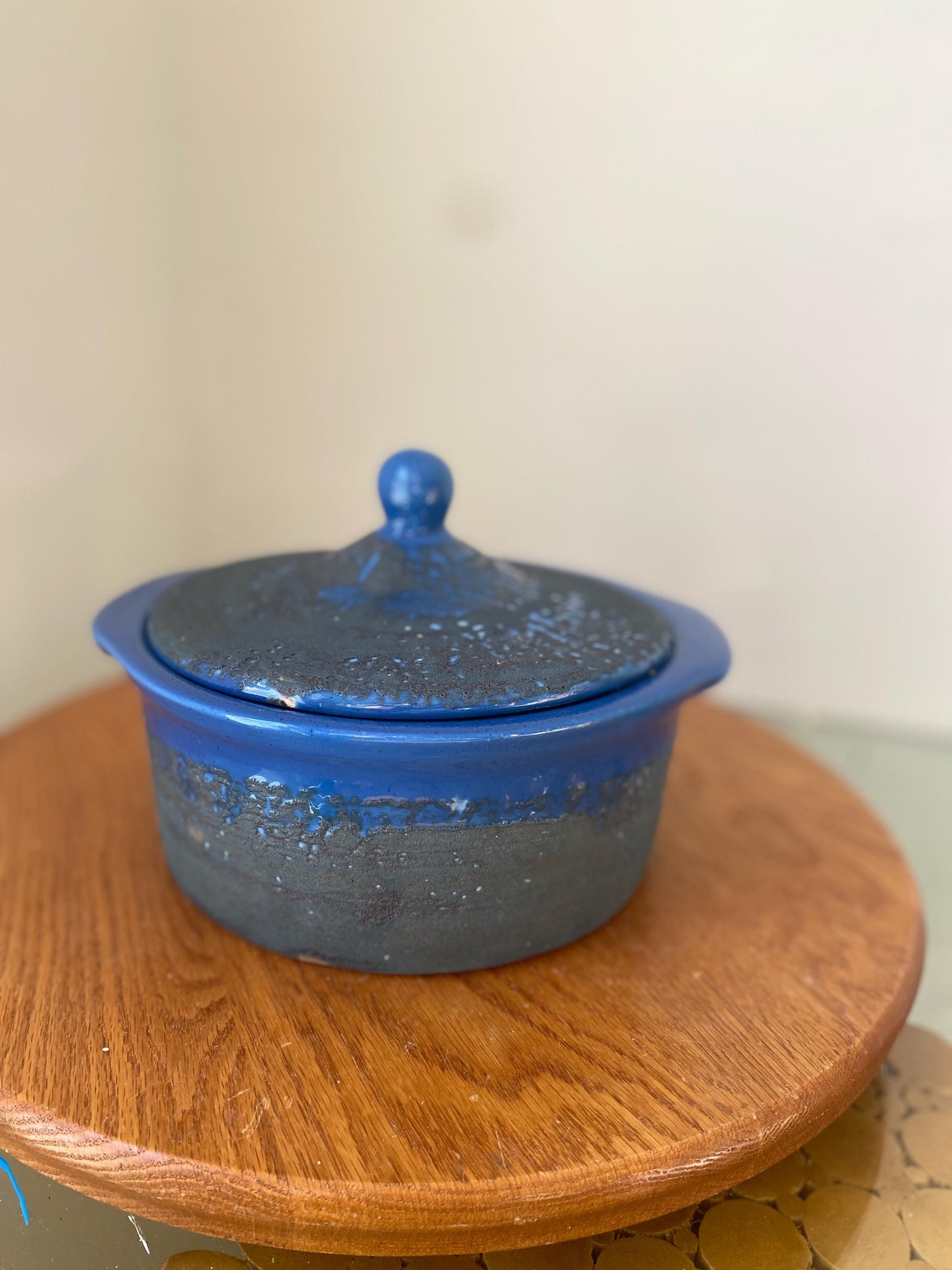 MCM Blue Lidded Pottery Dish with Black Lava Glaze