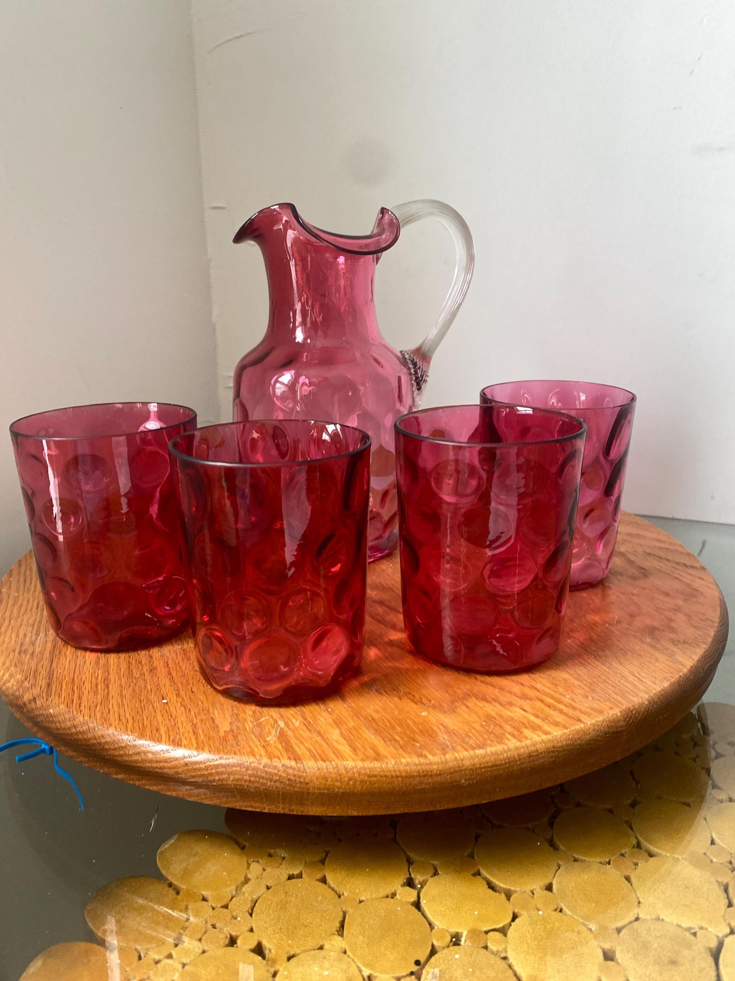 Vintage Set of Cranberry Coinspot Hand Blown Pitcher and 4 Short Glasses