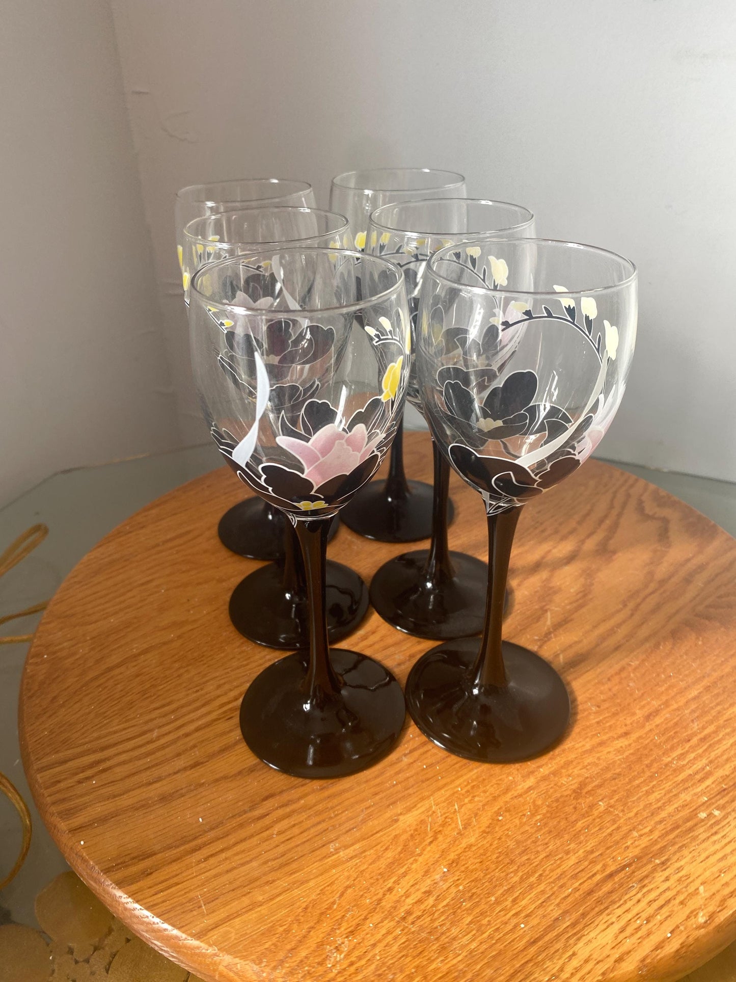 Set of 6 Retro 1980s Floral Luminarc Wine Glasses w/ Black Stems & Black, Yellow, Pink Flowers