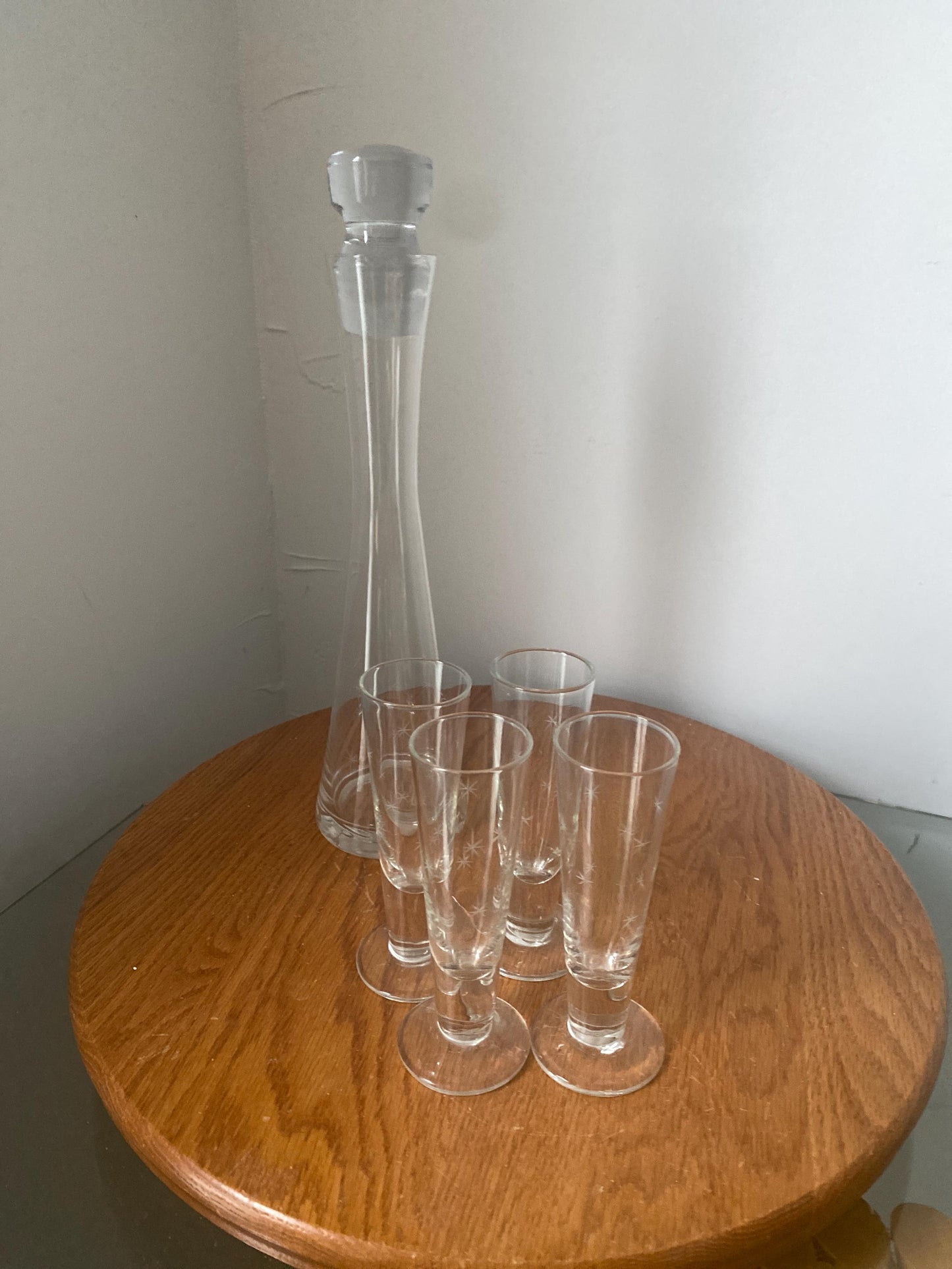 MCM Etched Starburst Decanter with 14 Clear Shot Glasses