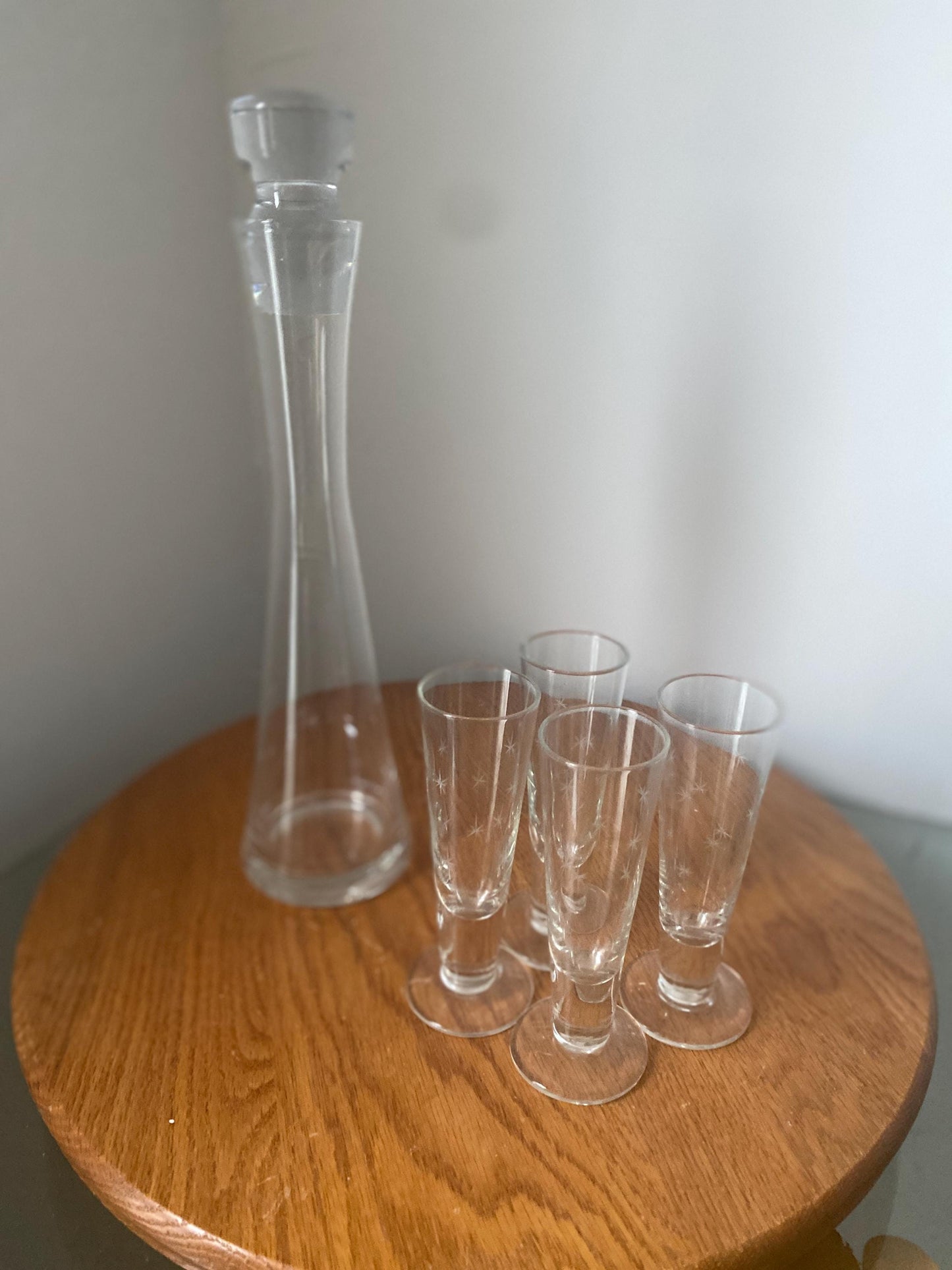 MCM Etched Starburst Decanter with 14 Clear Shot Glasses