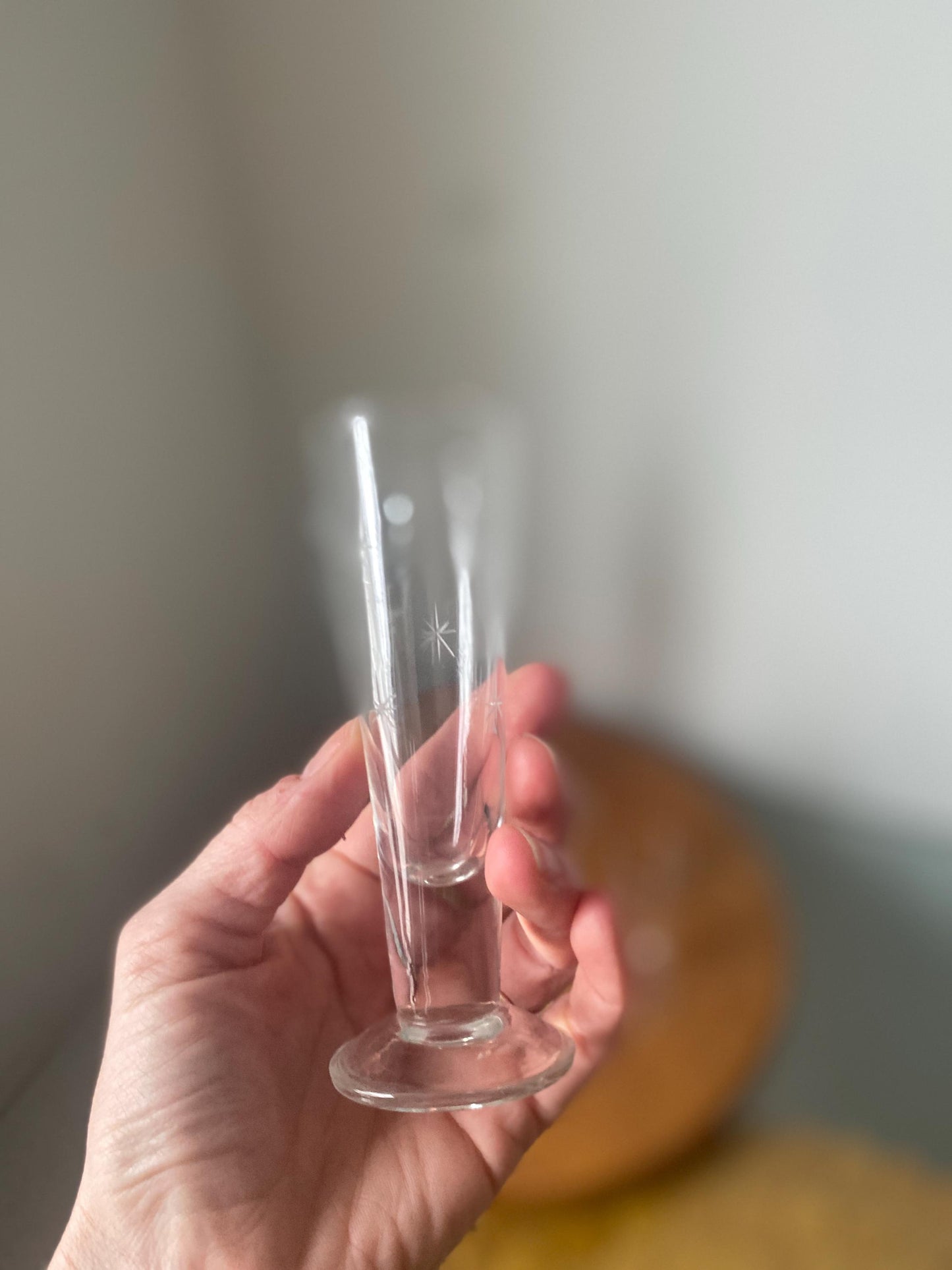 MCM Etched Starburst Decanter with 14 Clear Shot Glasses