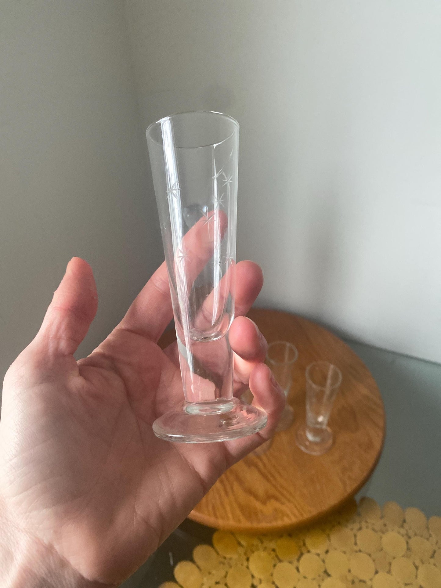 MCM Etched Starburst Decanter with 14 Clear Shot Glasses