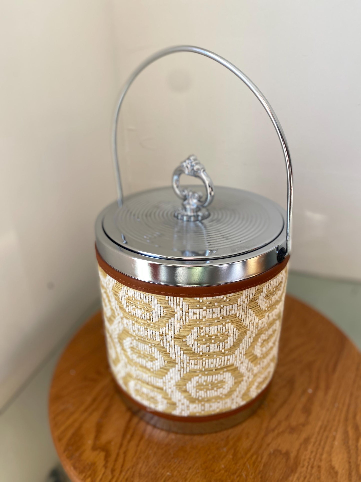 MCM Cream and White Woven Raffia Insulated Ice Bucket with Silver Metal Detail
