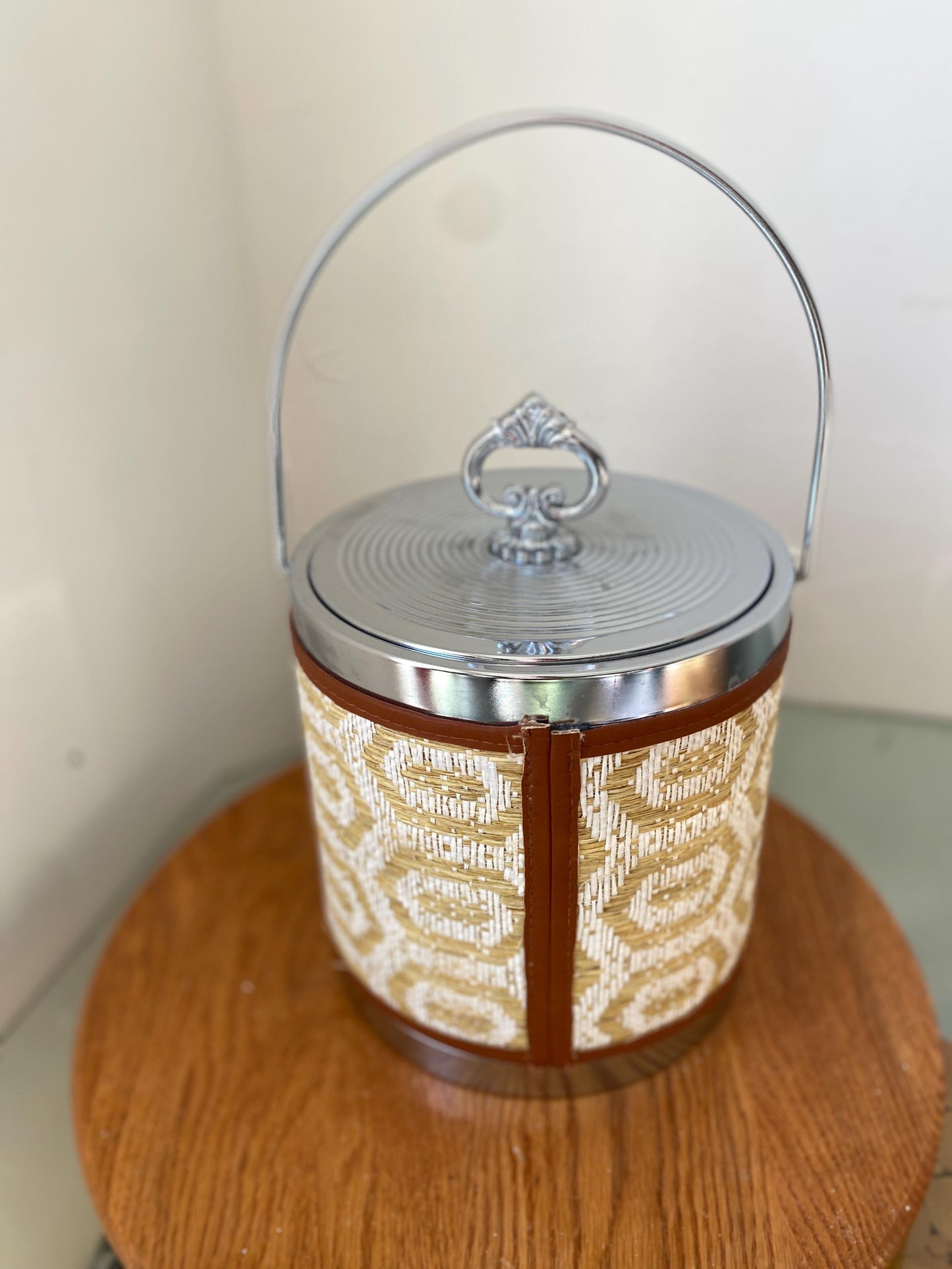 MCM Cream and White Woven Raffia Insulated Ice Bucket with Silver Metal Detail