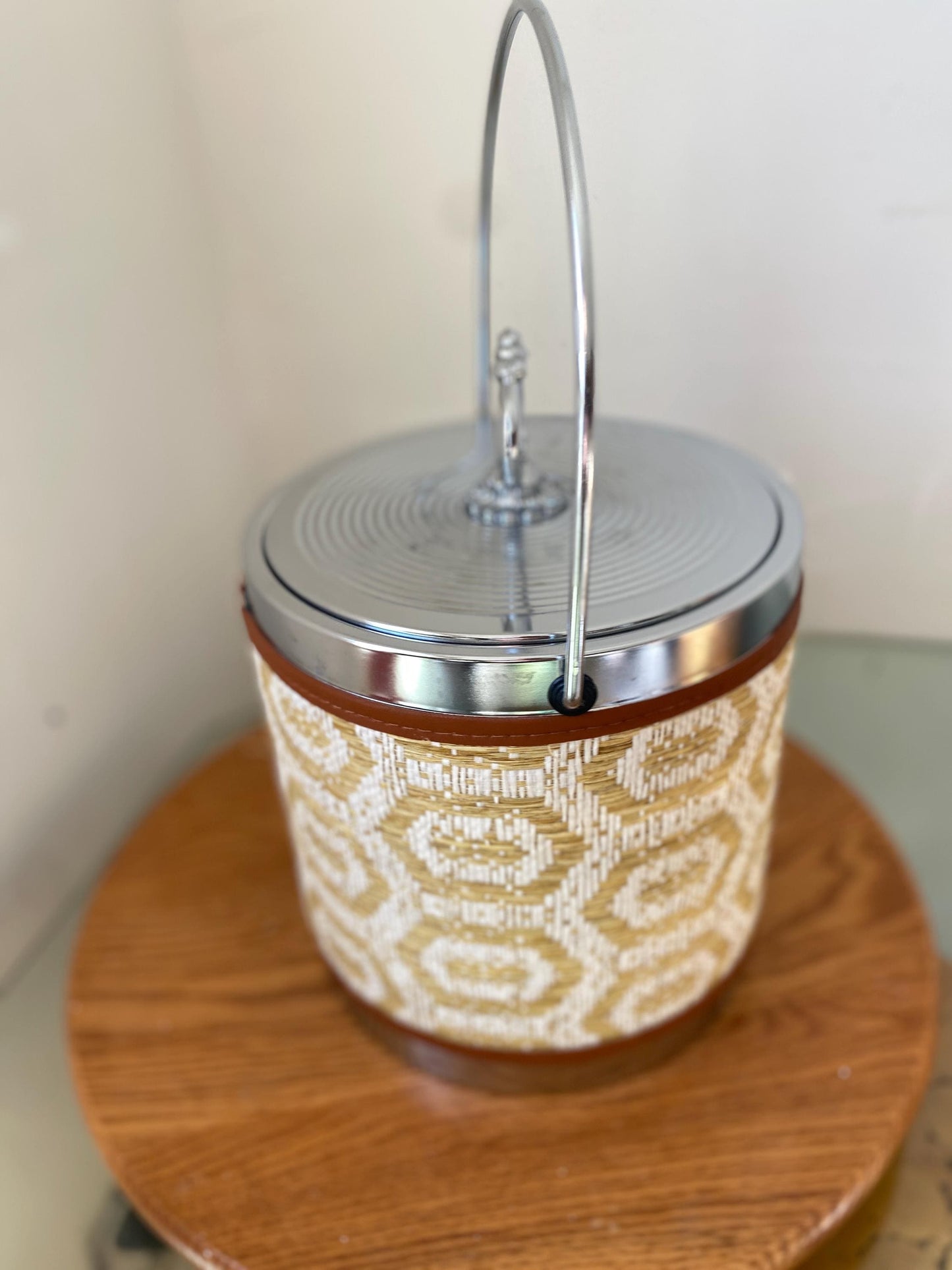 MCM Cream and White Woven Raffia Insulated Ice Bucket with Silver Metal Detail