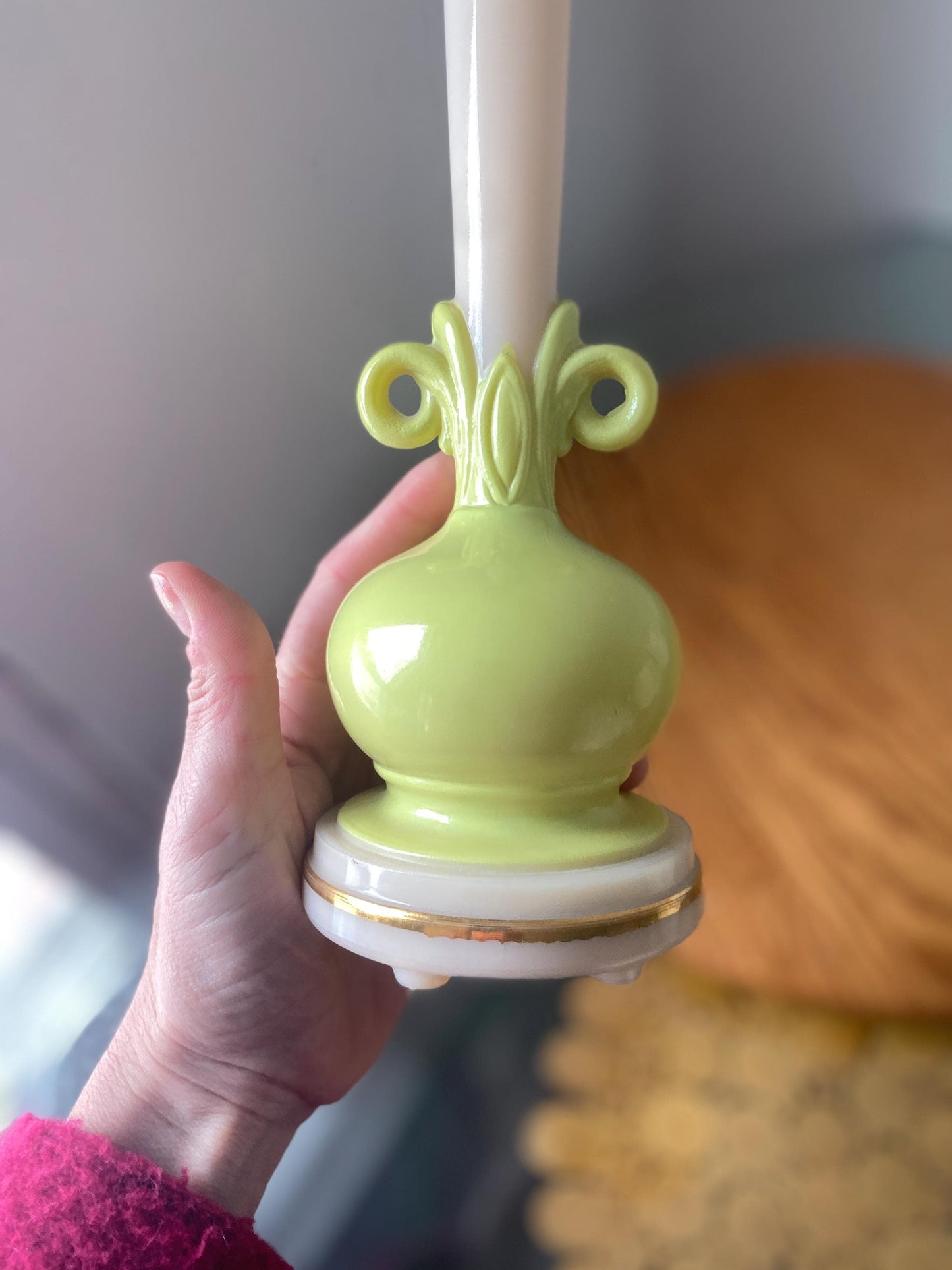 Vintage Small Aladdin Alacite Chartreuse & Cream Boudoir Lamp No Shade