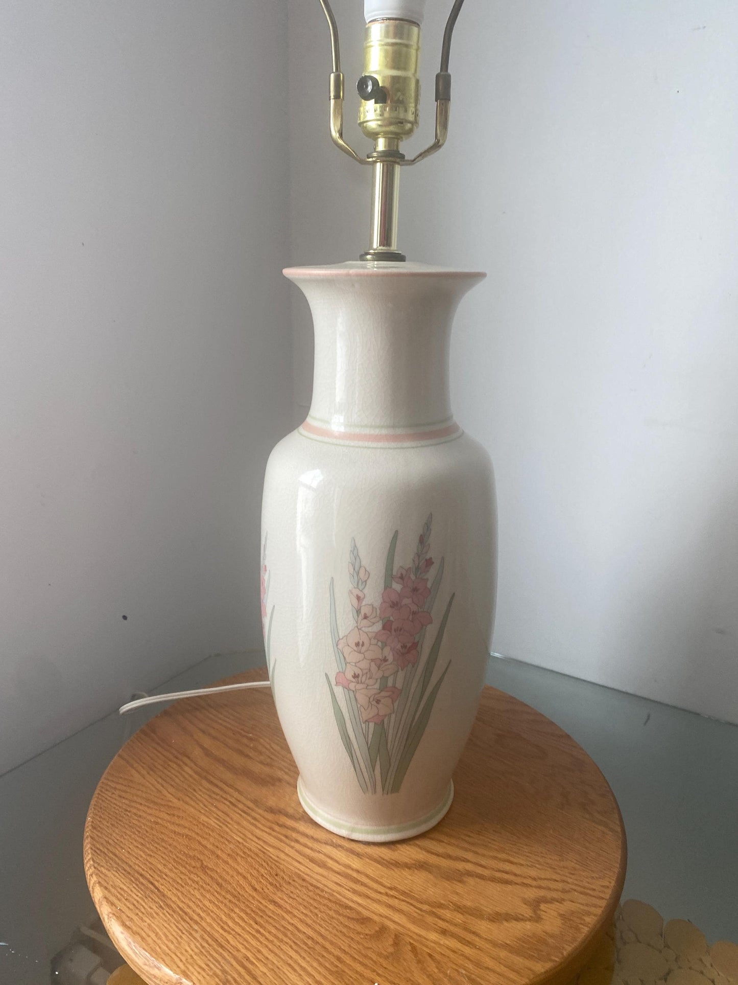 Retro Tall Pastel Pink Gladiola Ceramic Lamp No Shade