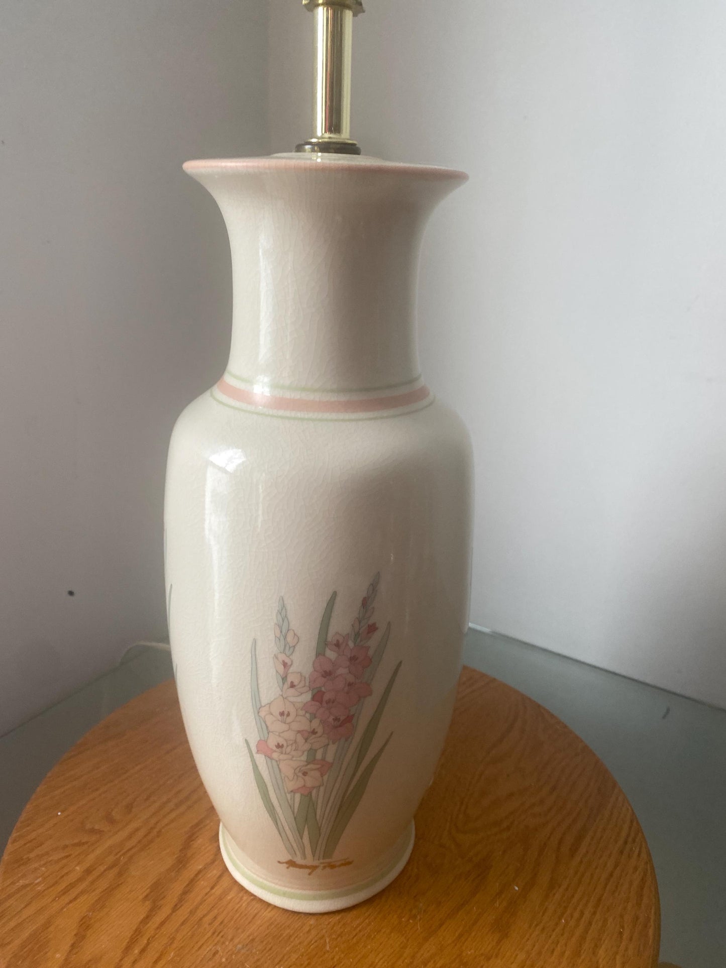 Retro Tall Pastel Pink Gladiola Ceramic Lamp No Shade