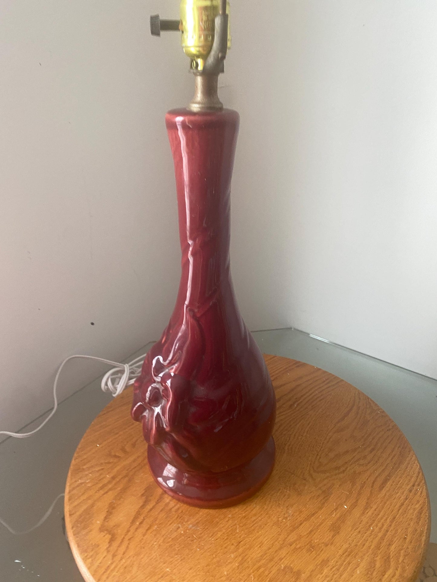 Antique Medium Ceramic Maroon Lamp with Raised Floral Design No Shade
