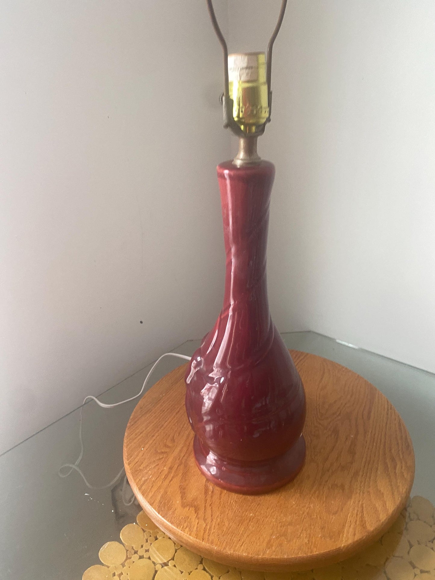 Antique Medium Ceramic Maroon Lamp with Raised Floral Design No Shade