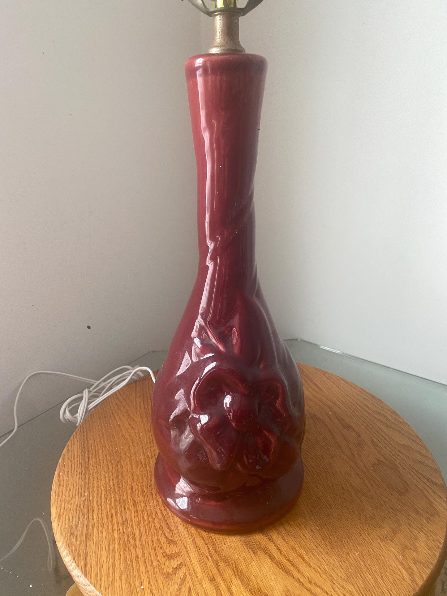 Antique Medium Ceramic Maroon Lamp with Raised Floral Design No Shade