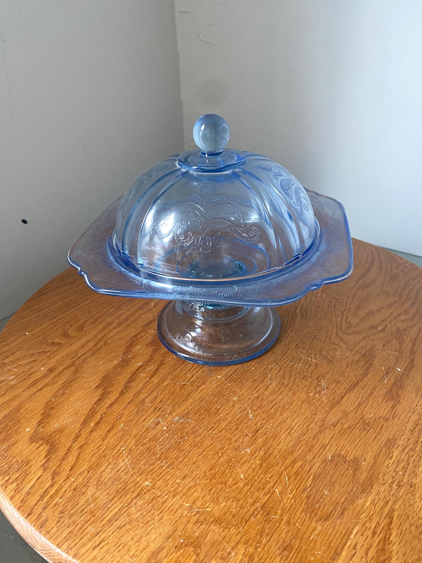 Vintage Indiana Glass Recollection Blue Madrid Pedestal Covered Candy Dish