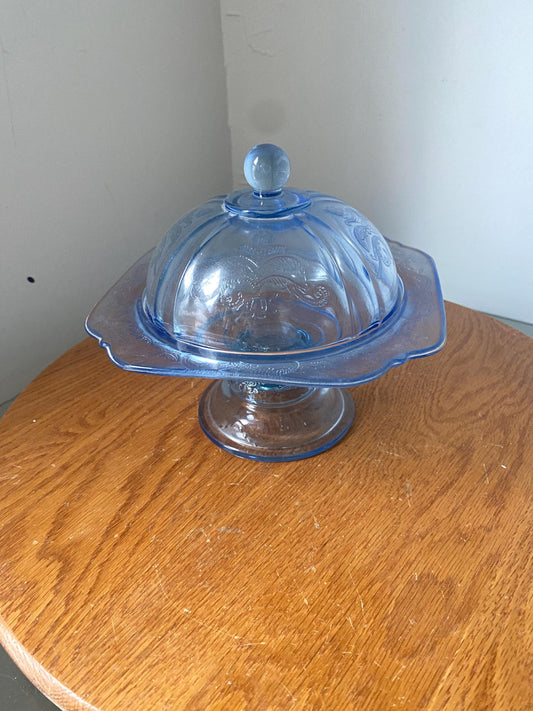 Vintage Indiana Glass Recollection Blue Madrid Pedestal Covered Candy Dish