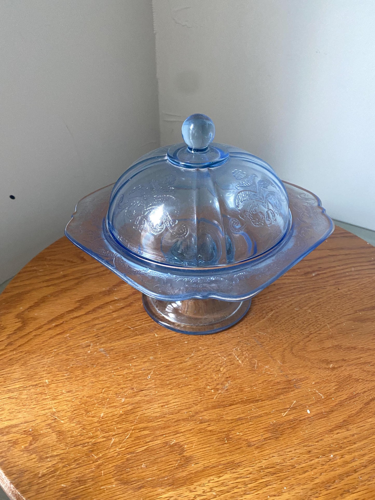 Vintage Indiana Glass Recollection Blue Madrid Pedestal Covered Candy Dish